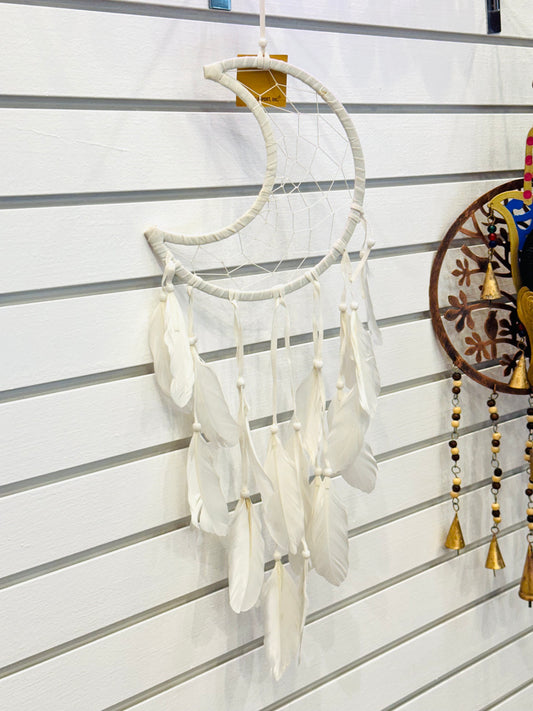 Half Crescent Moon White Dreamcatcher with White Feathers