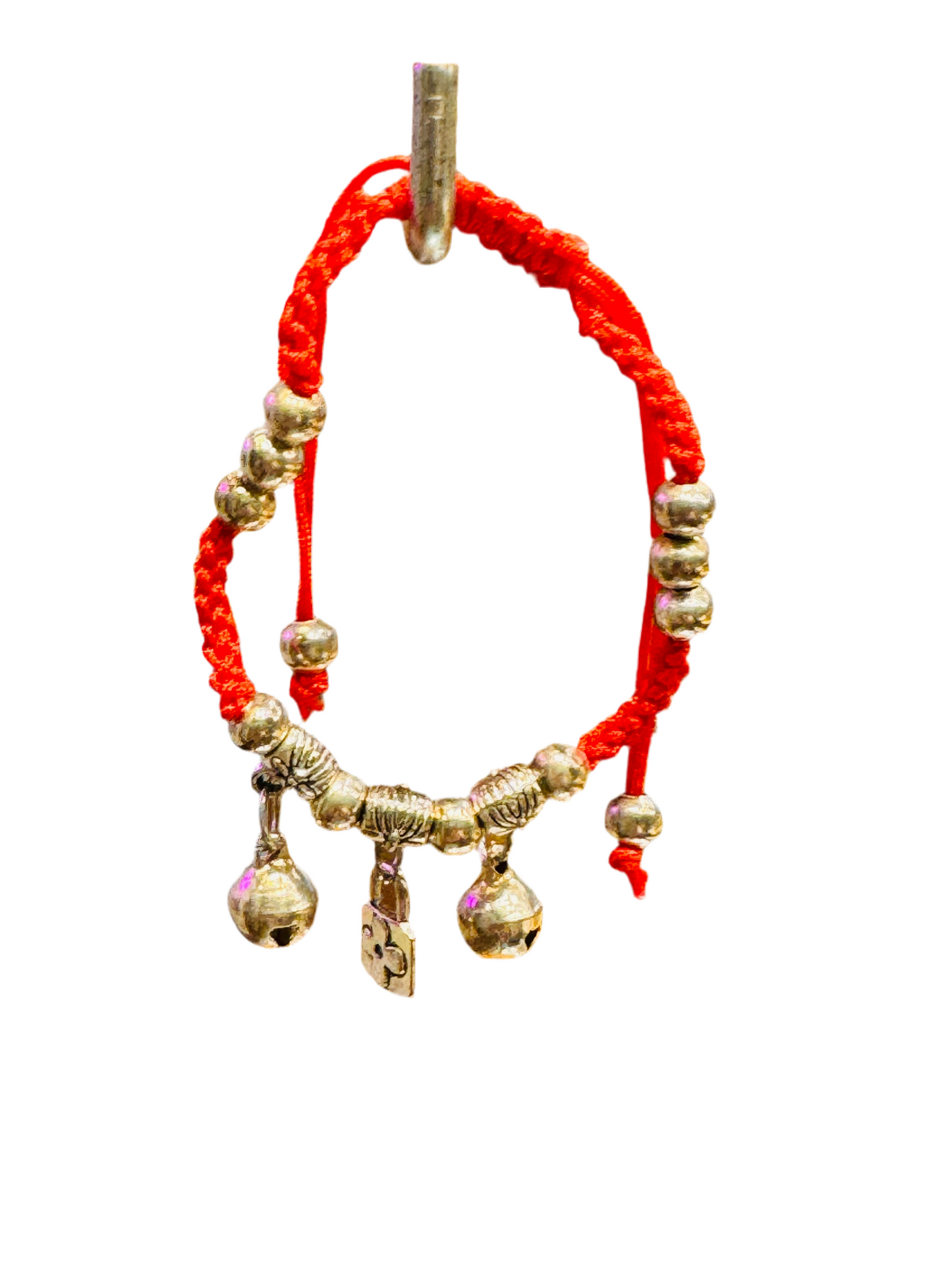 Red String Bracelet Silver Beads With Lock Cross, Beads and Bells