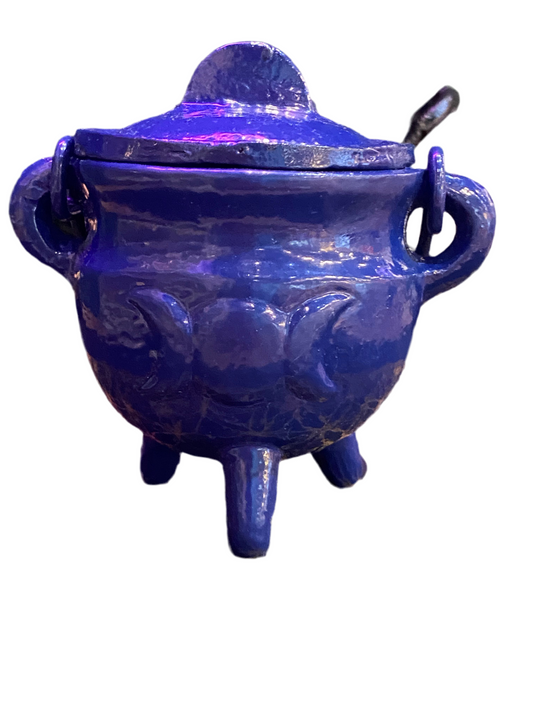 Blue Triple Moon Cast Iron Cauldron with lid, ideal for rituals and incense burning.