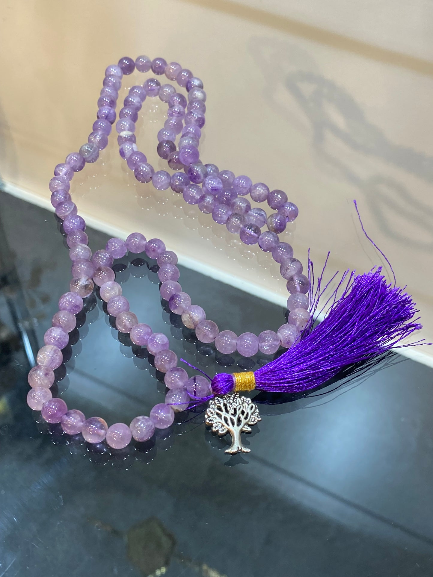 Light Amethyst Prayer Mala Necklace With Tree Of Life Charm And Purple Tassle