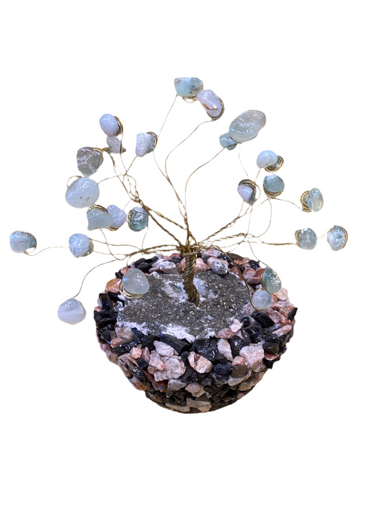 Gemstone Crystal Aquamarine Wire Coil Tree on Pebbles Rock Base