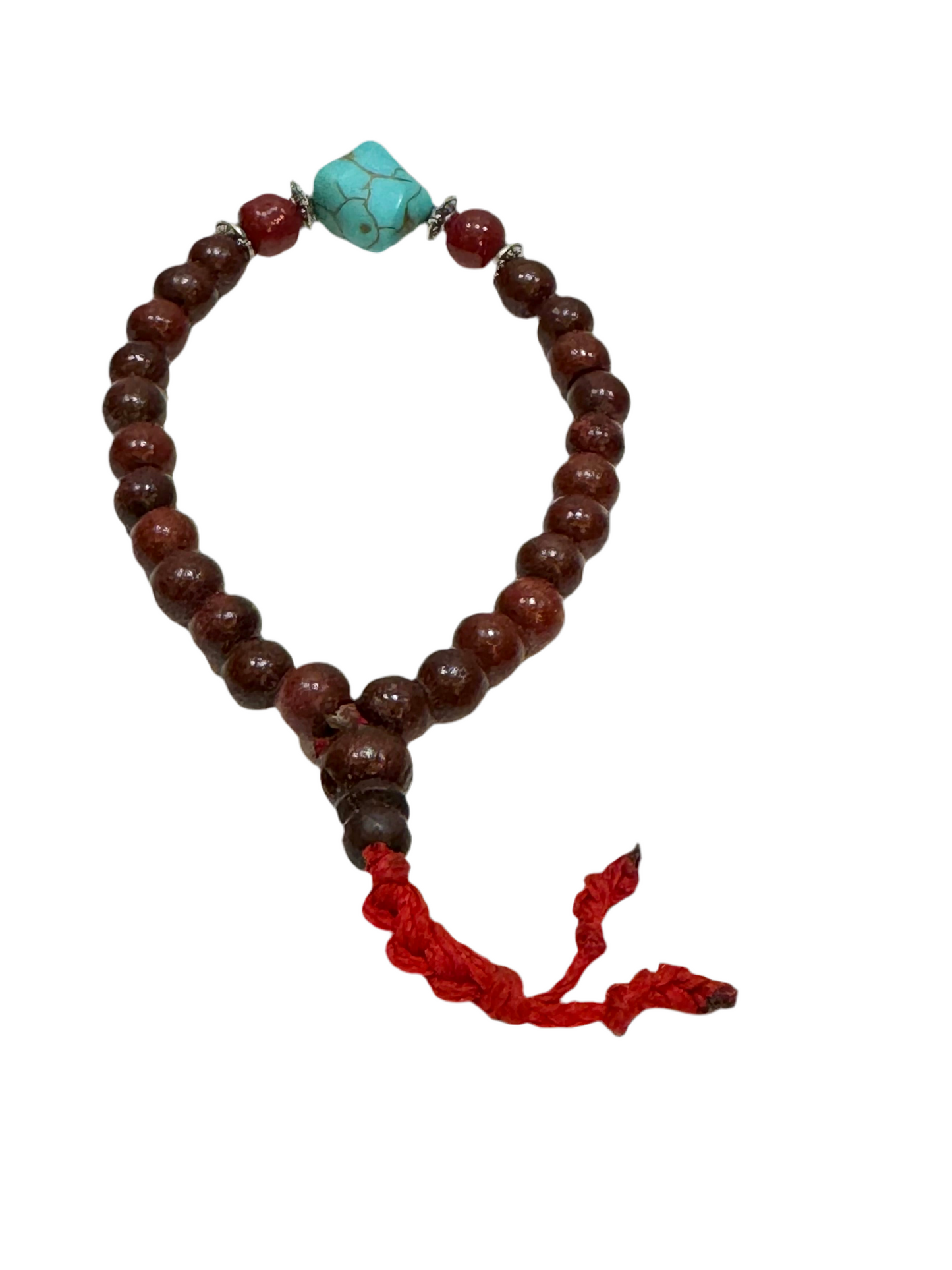 Rosewood, Turquoise and Brass Mala Beaded Bracelet Red String