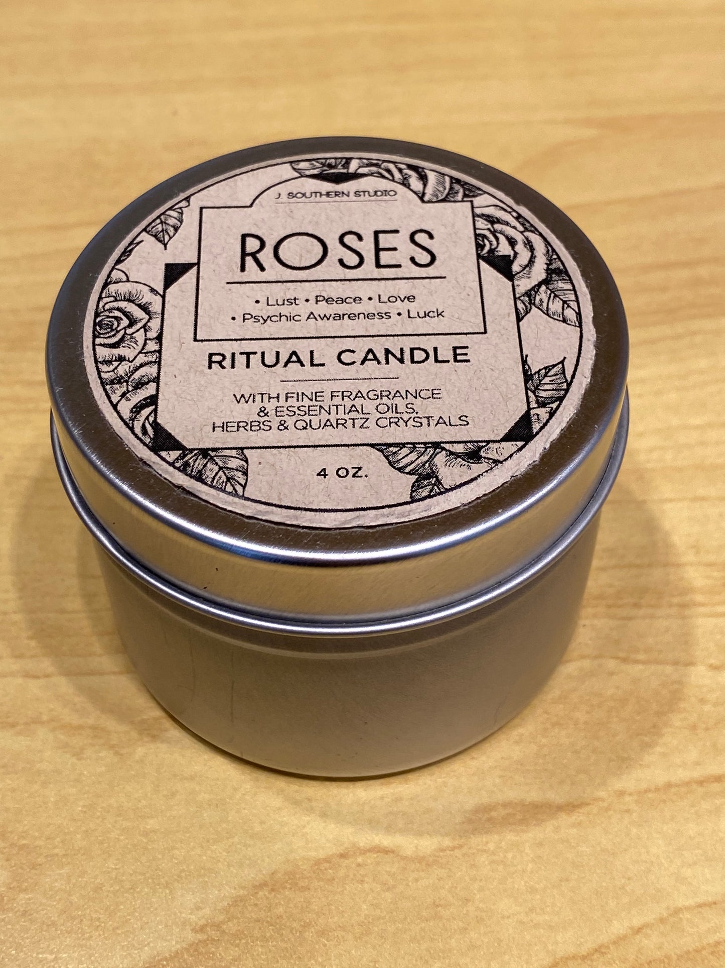 Travel Tin Roses Ritual Candle with Crystals