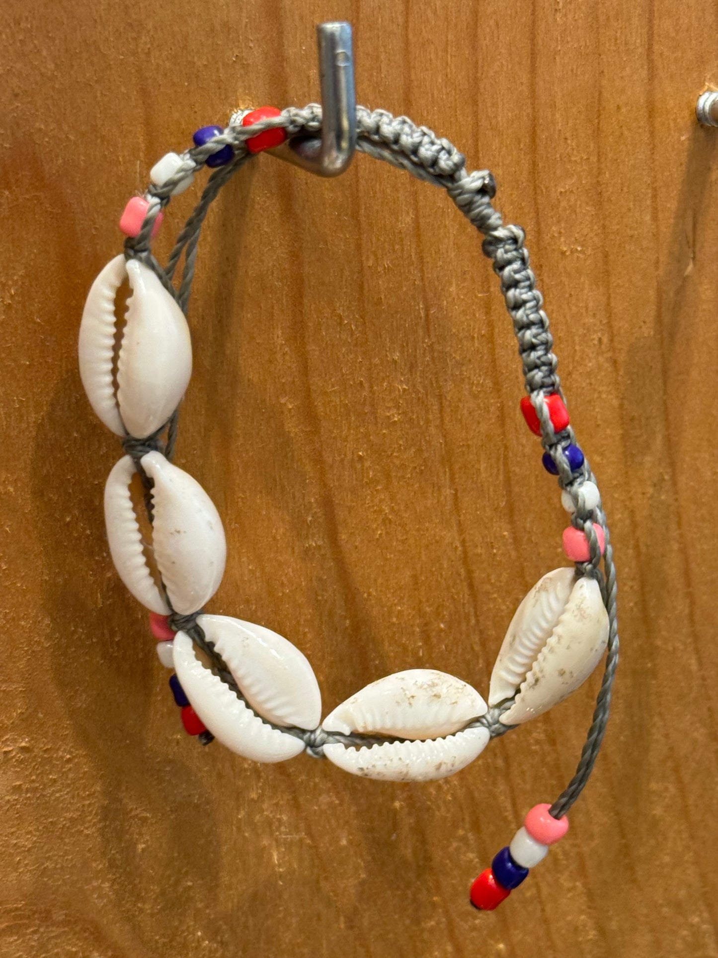 Handmade Gray String Bracelet With Cowrie Shells and Colorful Beads