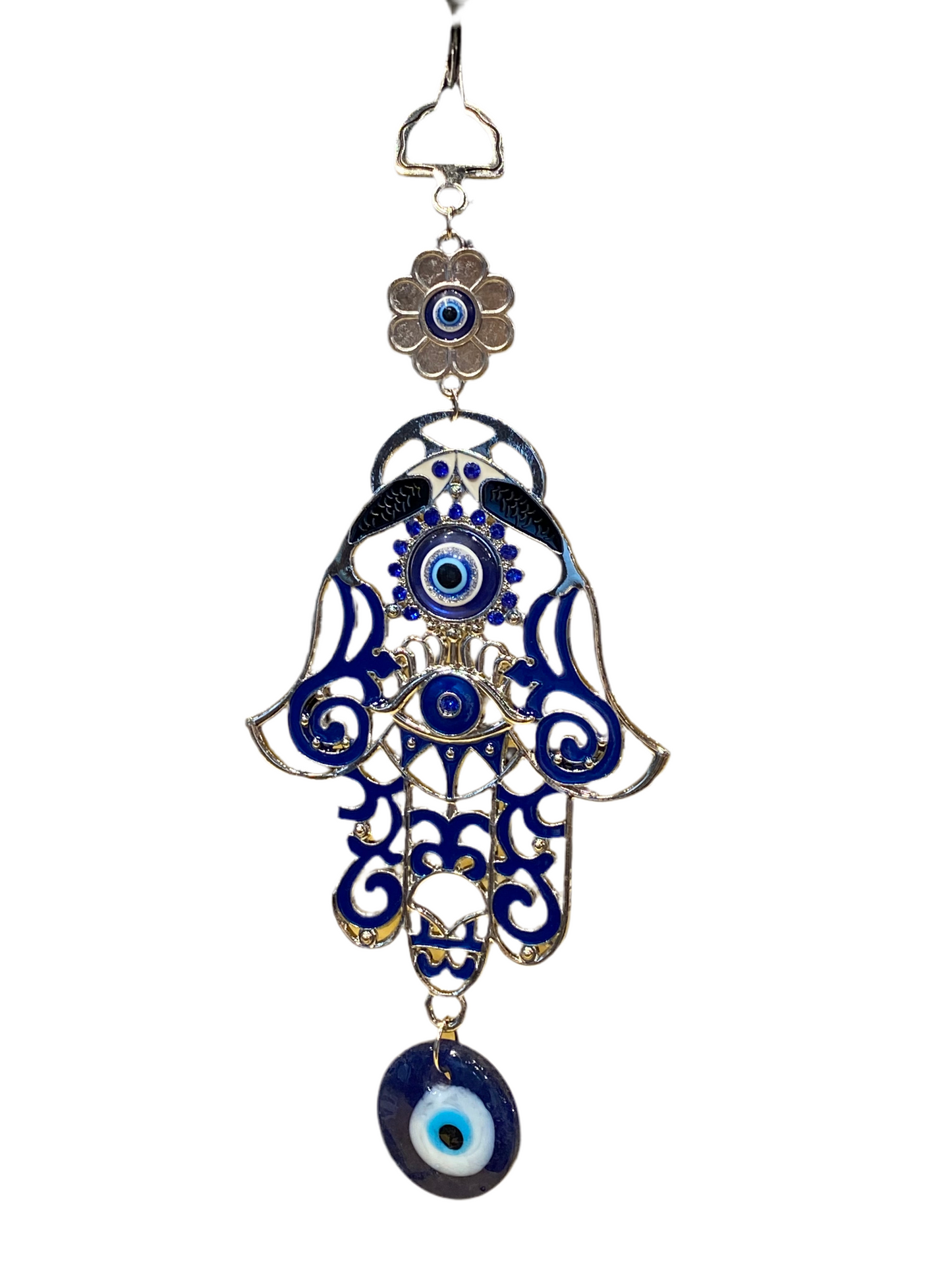 Blue Hand Of Fatima Door & Wall Talisman W/White And Black Fish & Evil Eye Amulet