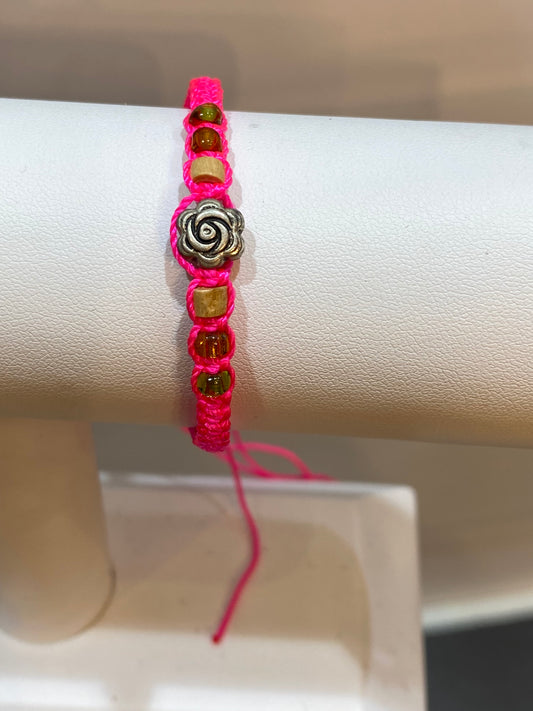 Handmade Hot Pink Pull Tie String Braided Bracelet With Rose and Beads