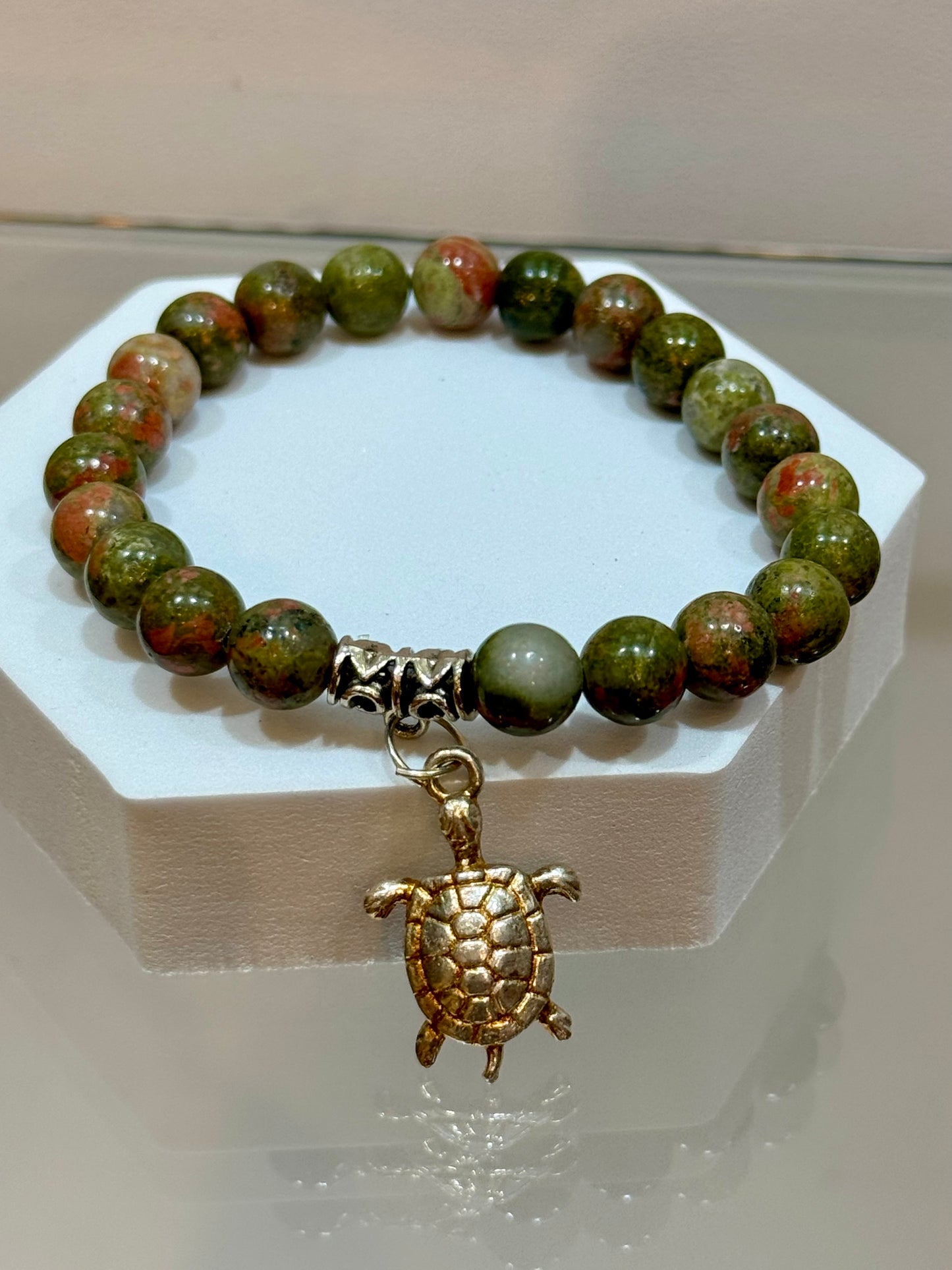 Unakite Beaded Bracelet With Turtle Charm