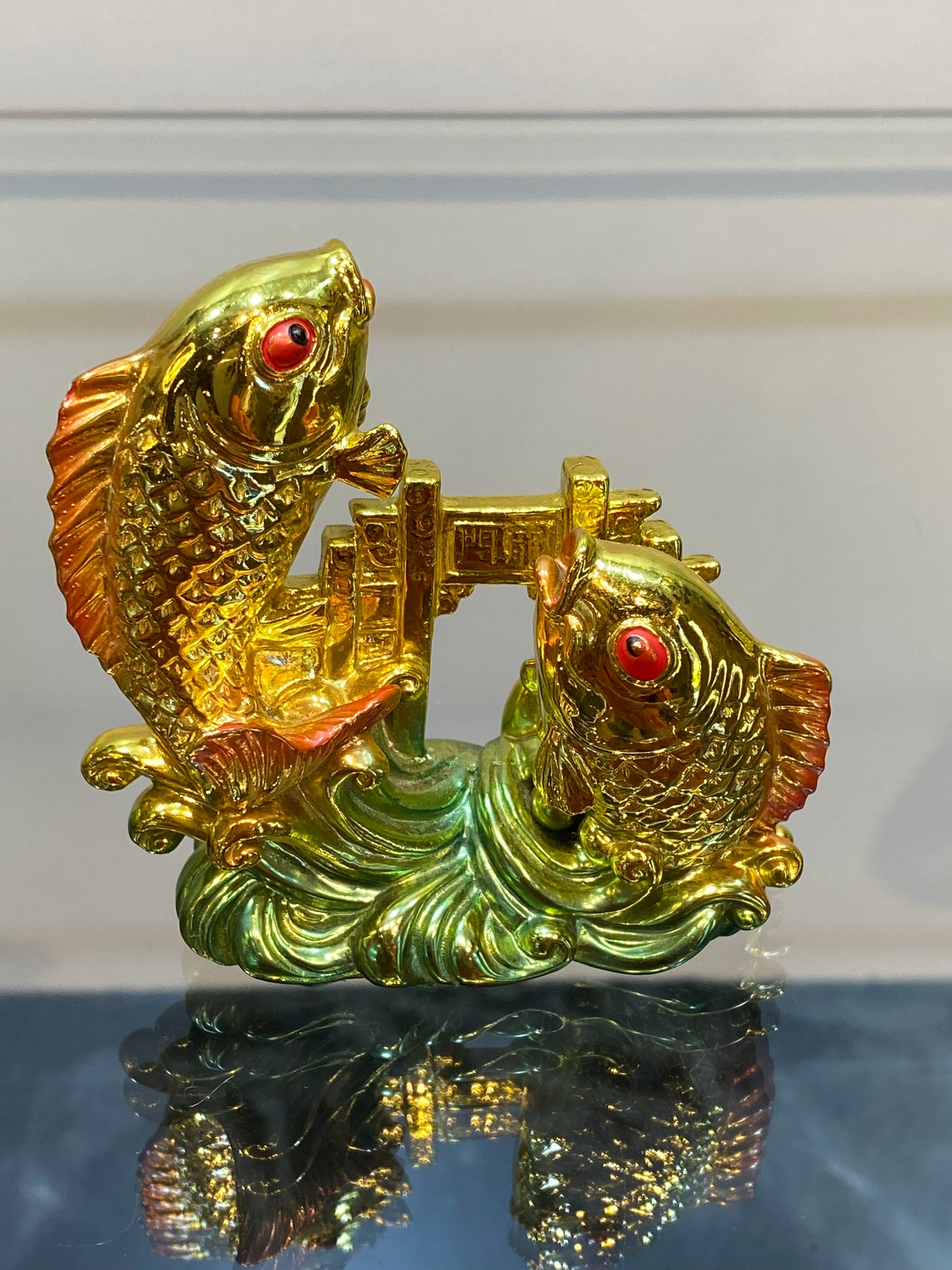 Feng Shui Golden Color Good Luck Two Fish jumping over the Water