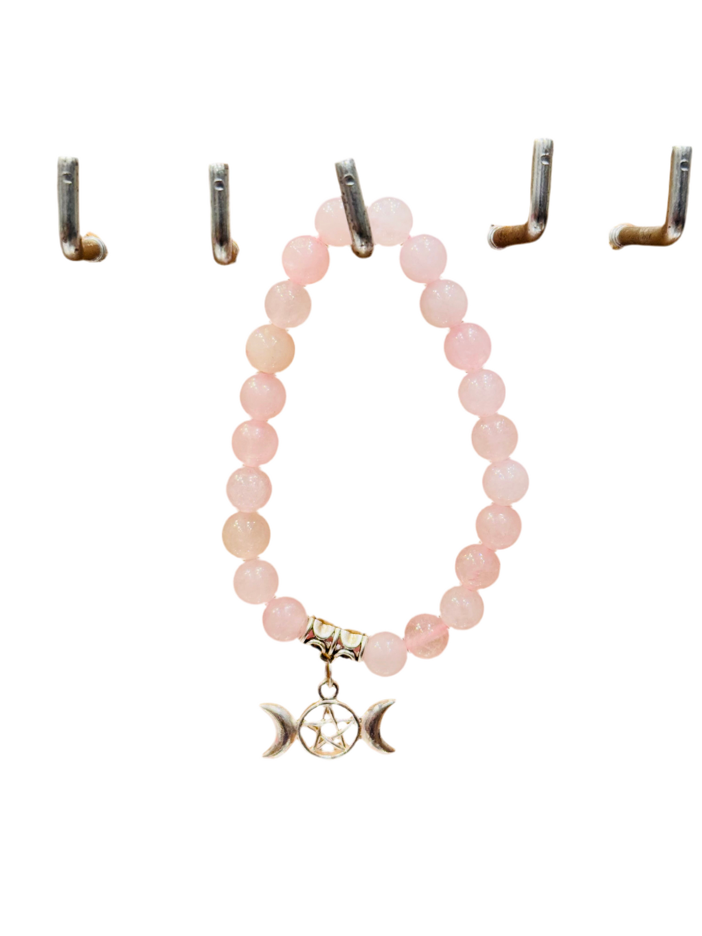 Rose Quartz Gemstone Bracelet With Triple Moon Pentagram