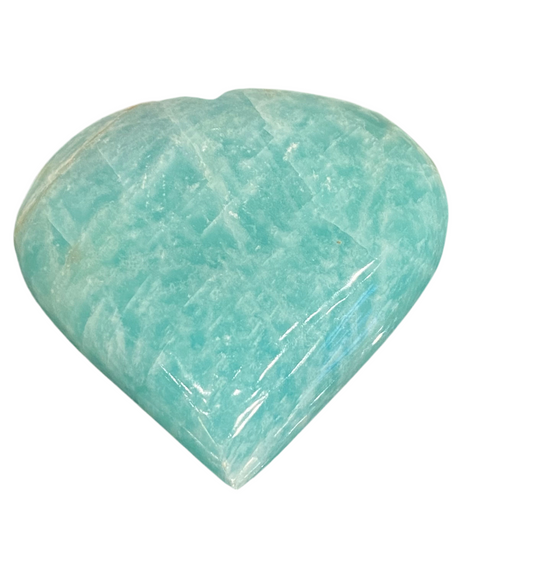 Amazonite Heart Hand Carved Polished Palm Stone for emotional soothing and meditation.