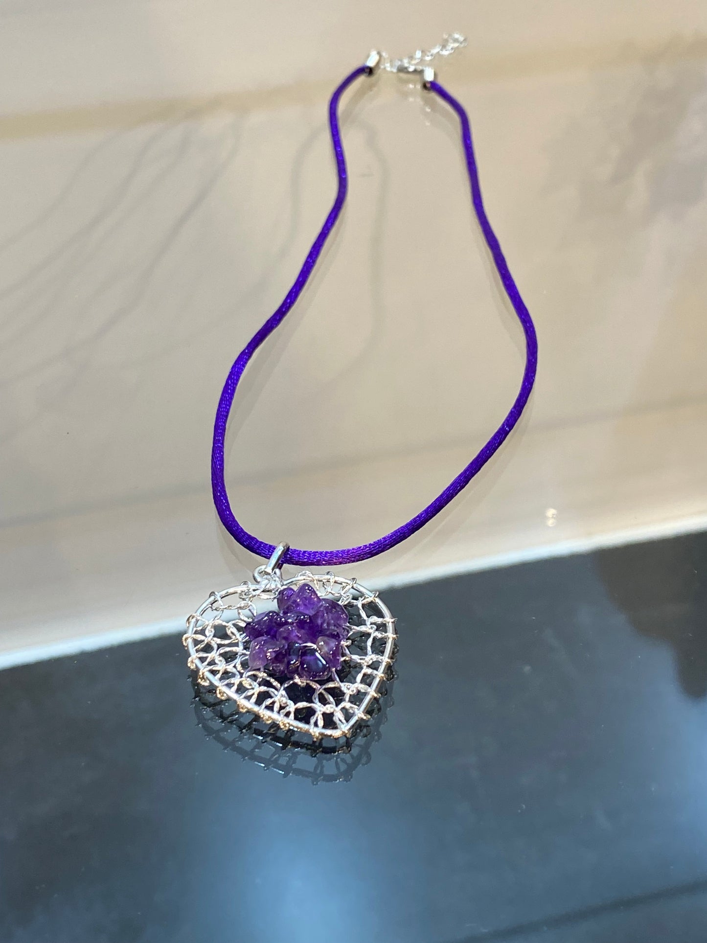 Amethyst Chip Silver Wired Heart Pendant With Purple Cord Necklace