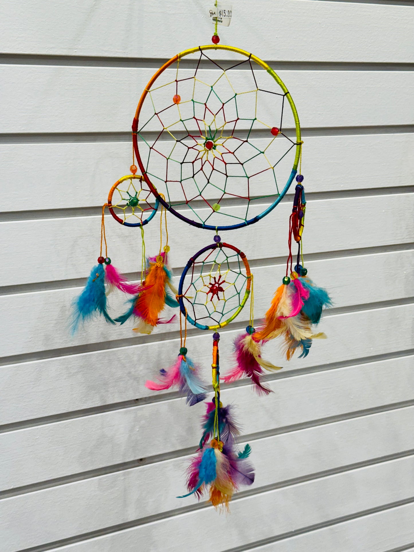 Chakra Leather Dreamcatcher Faceted Beaded Rainbow and Colorful Feathers