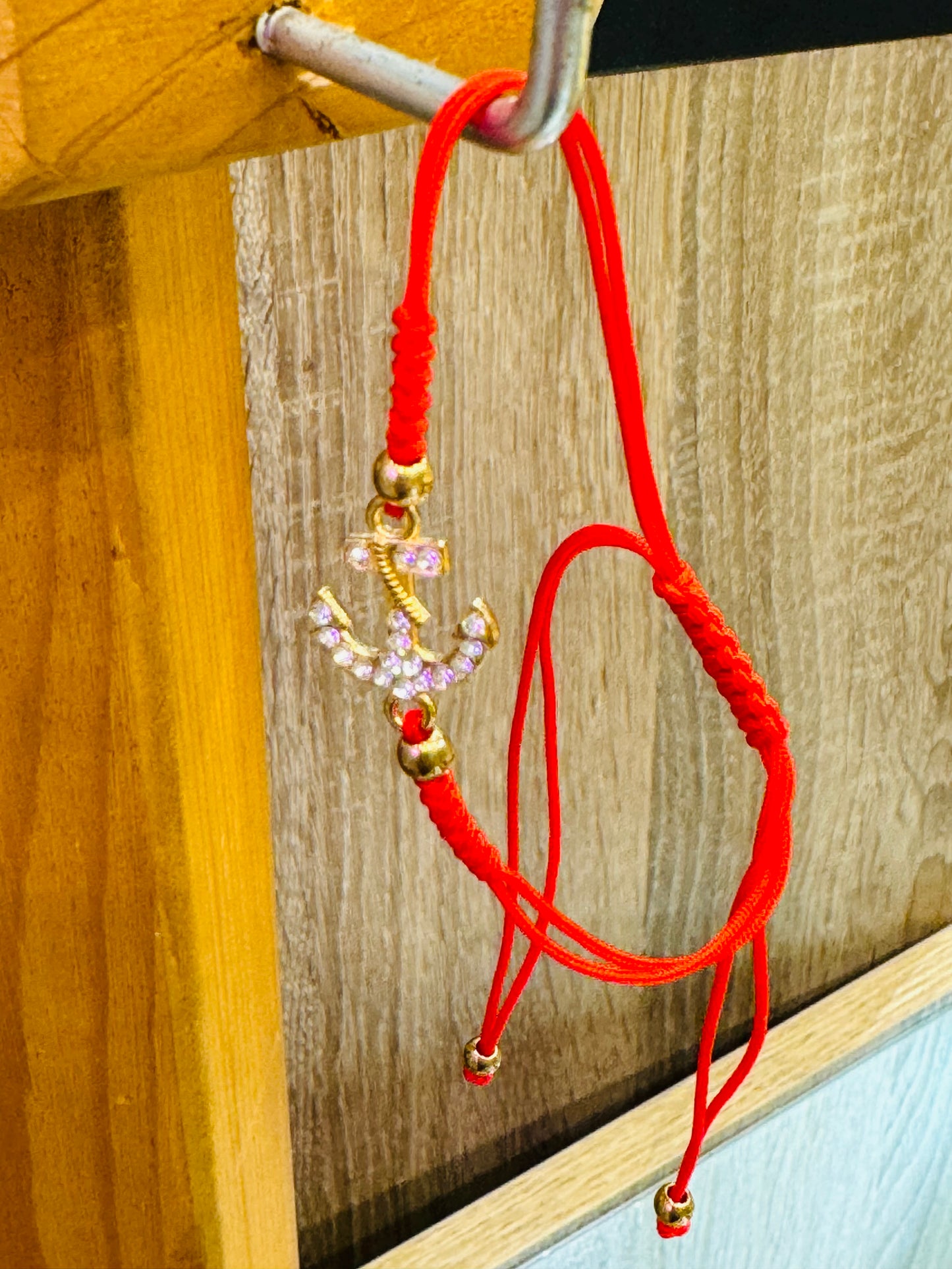 Red String Pull Tie Bracelet Rhinestone Anchor Charm and Golden Beads