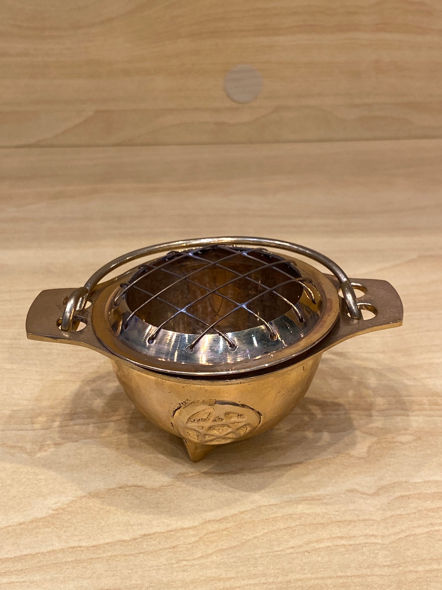 Brass Pentacle Cauldron With Grid Top and Handle