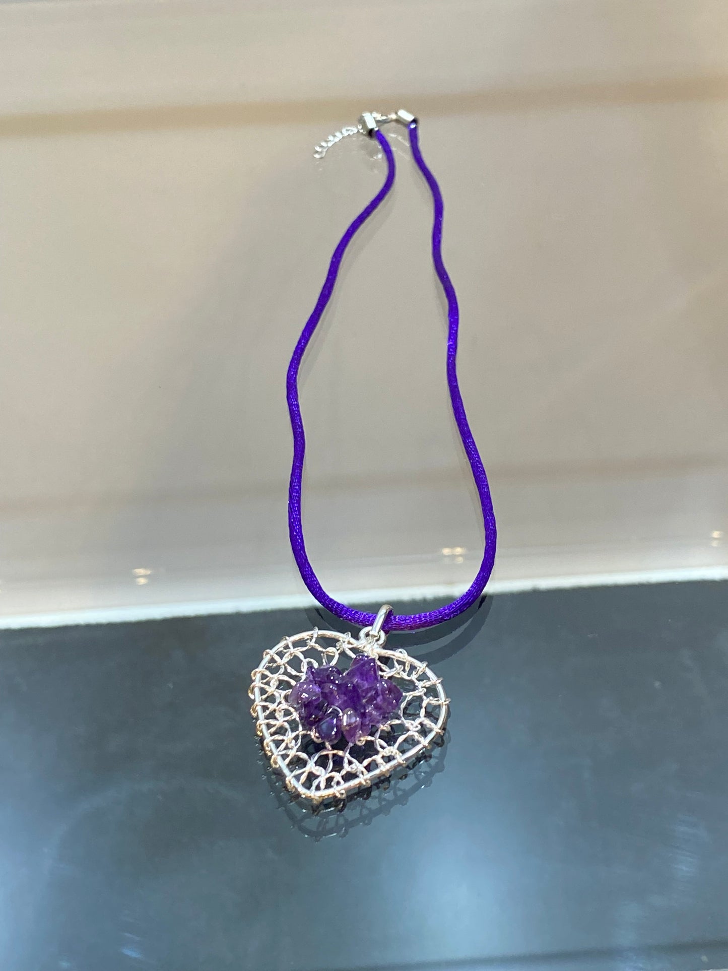 Amethyst Chip Silver Wired Heart Pendant With Purple Cord Necklace