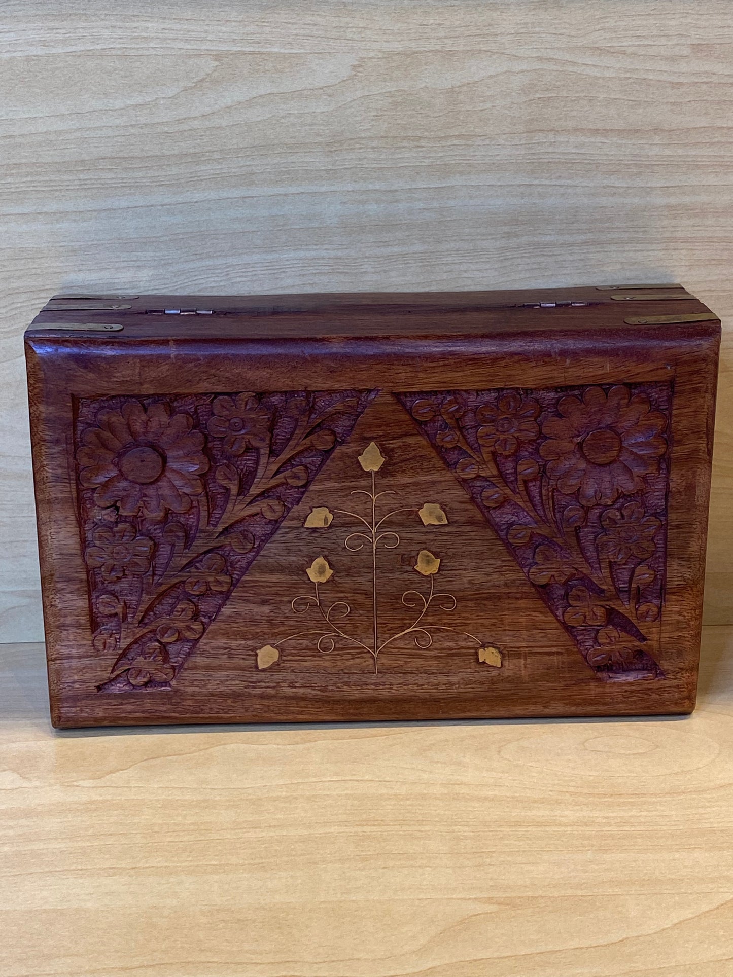 Hand Carved Wooden Storage Box Flower with Gold Vine (Brown)