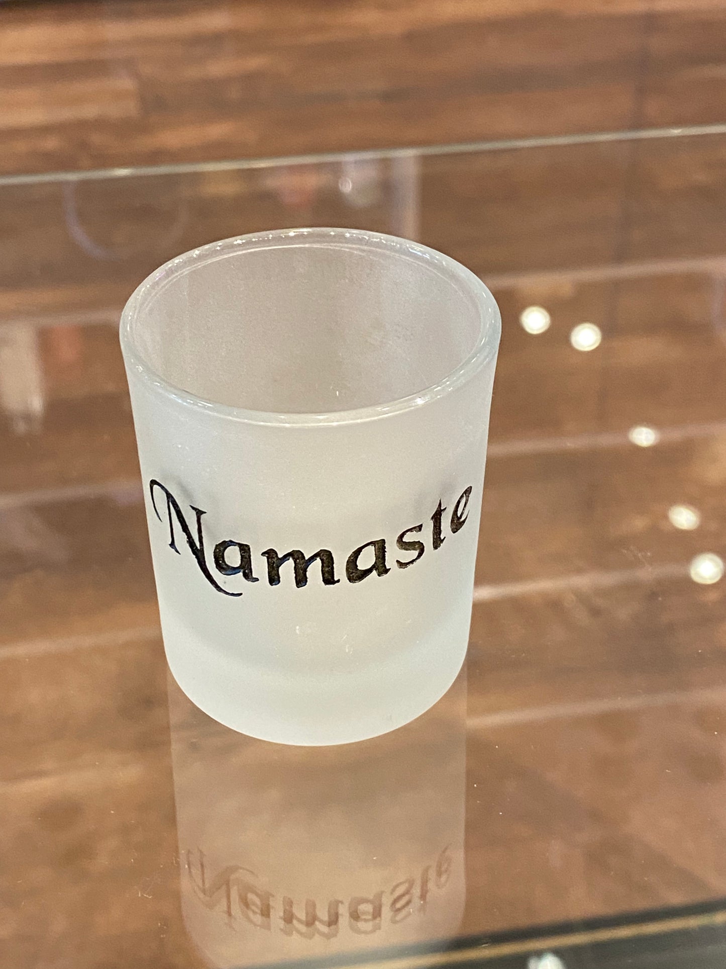 Namaste Black Glass Etched Glass Votive Holder