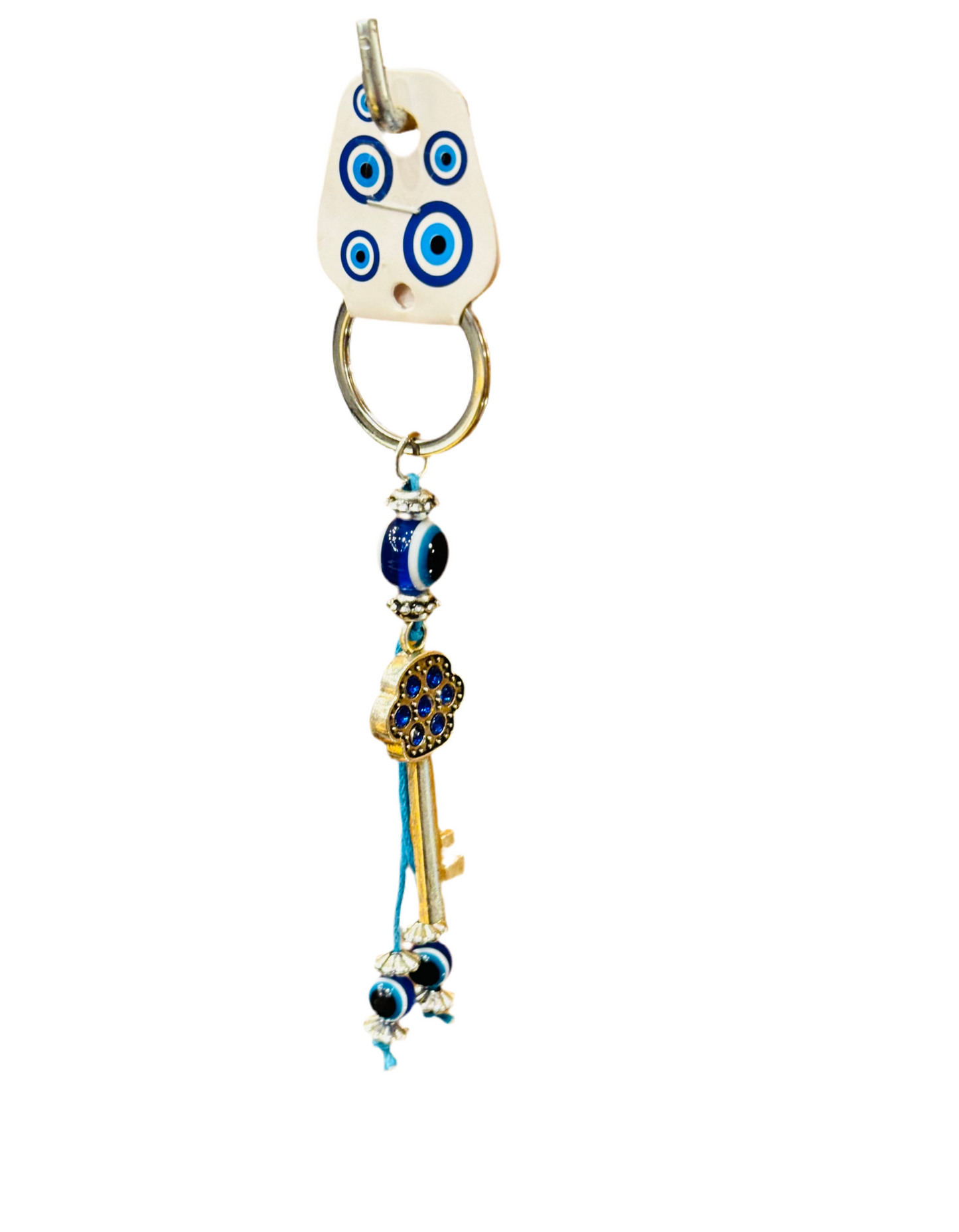 Ancient Key Blue Crystal Stones Evil Eye Keychain