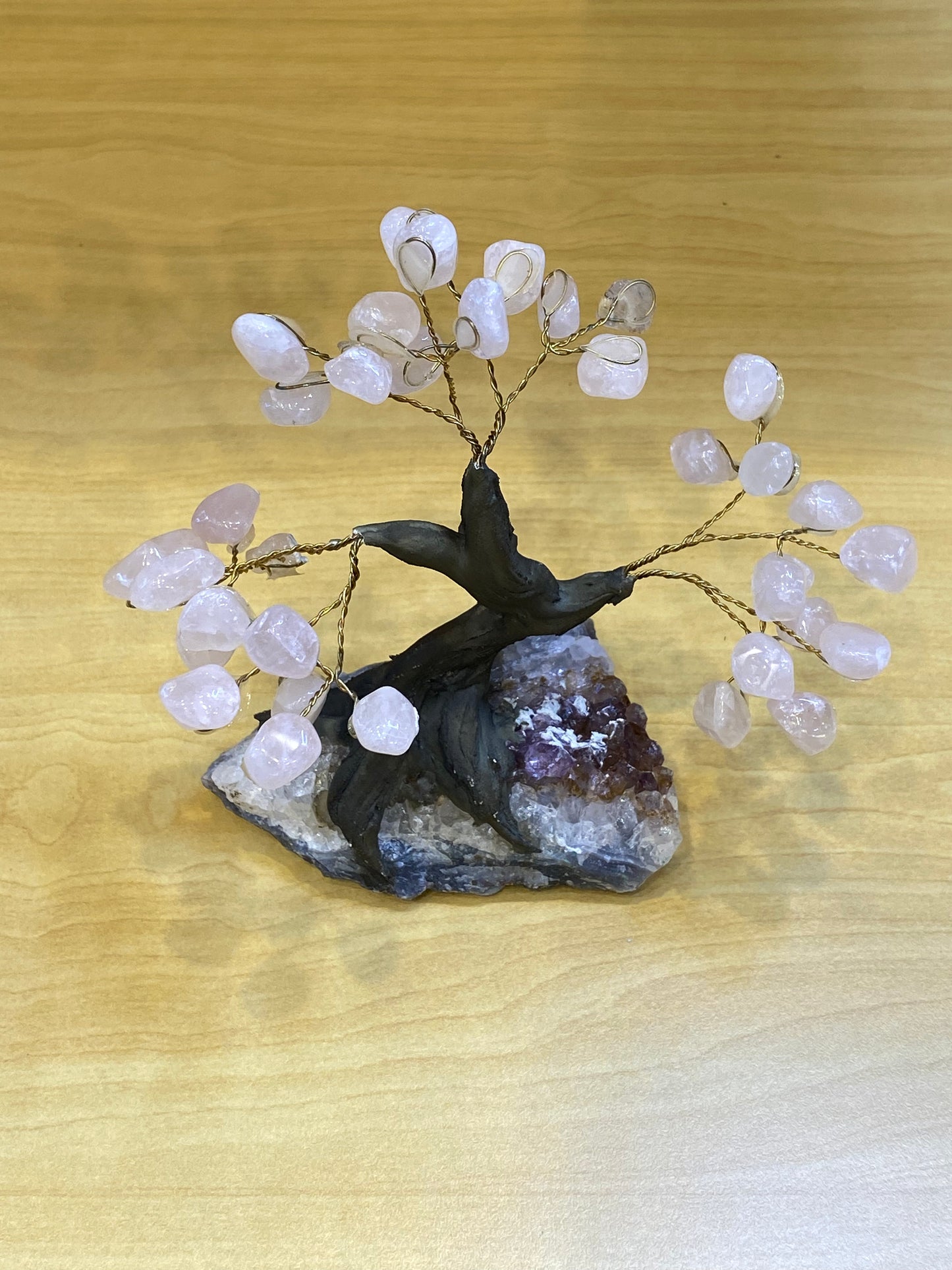 Gemstone Rose Quartz Tree on Amethyst Cluster