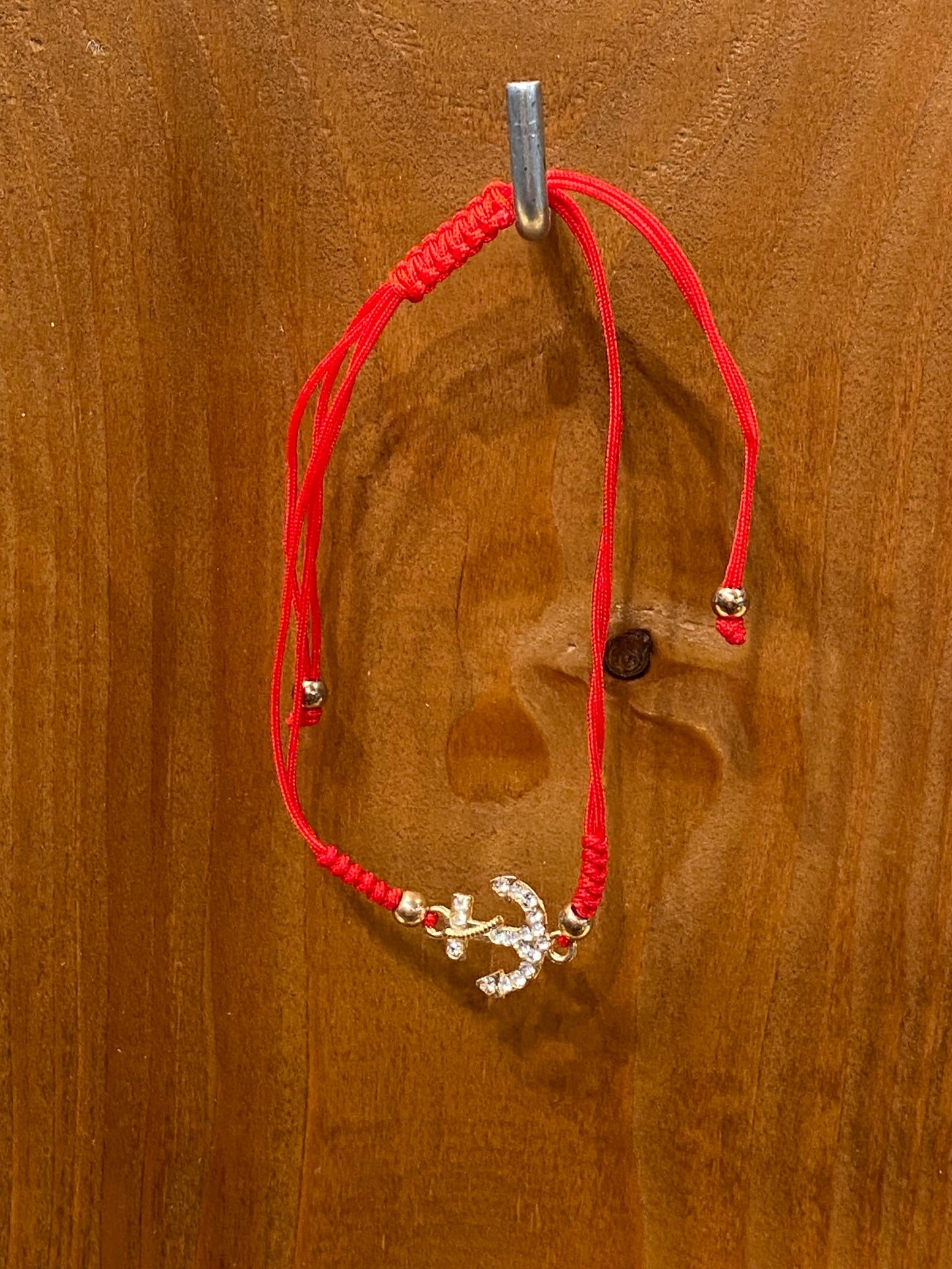 Red String Pull Tie Bracelet Rhinestone Anchor Charm and Golden Beads