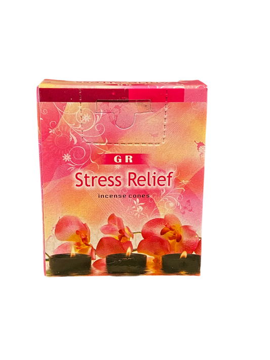 GR Stress Relief Incense Cones 10 count packaging with floral design.