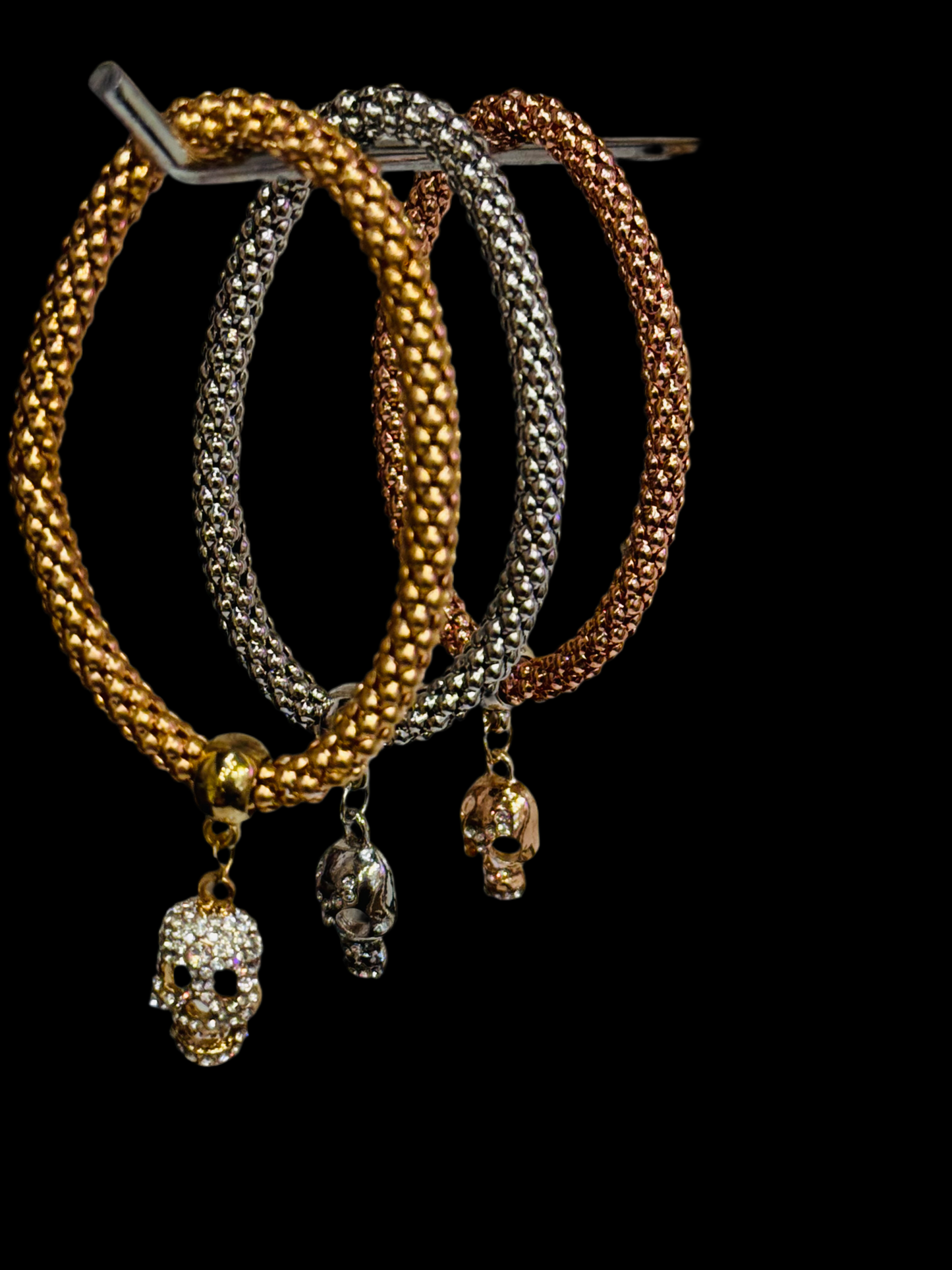 Fashion Jewelry Gold, Rose Gold and Silver Skull Metal Mesh Bracelet