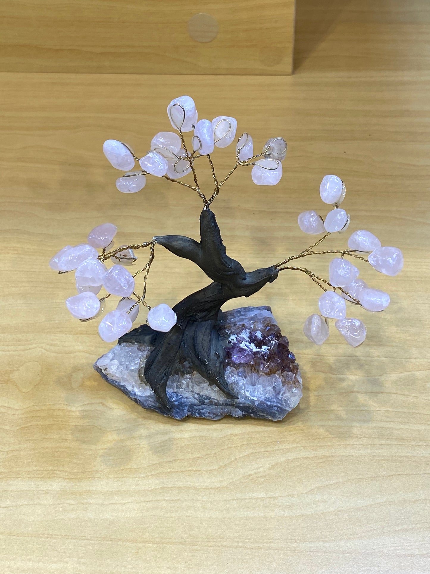 Gemstone Rose Quartz Tree on Amethyst Cluster