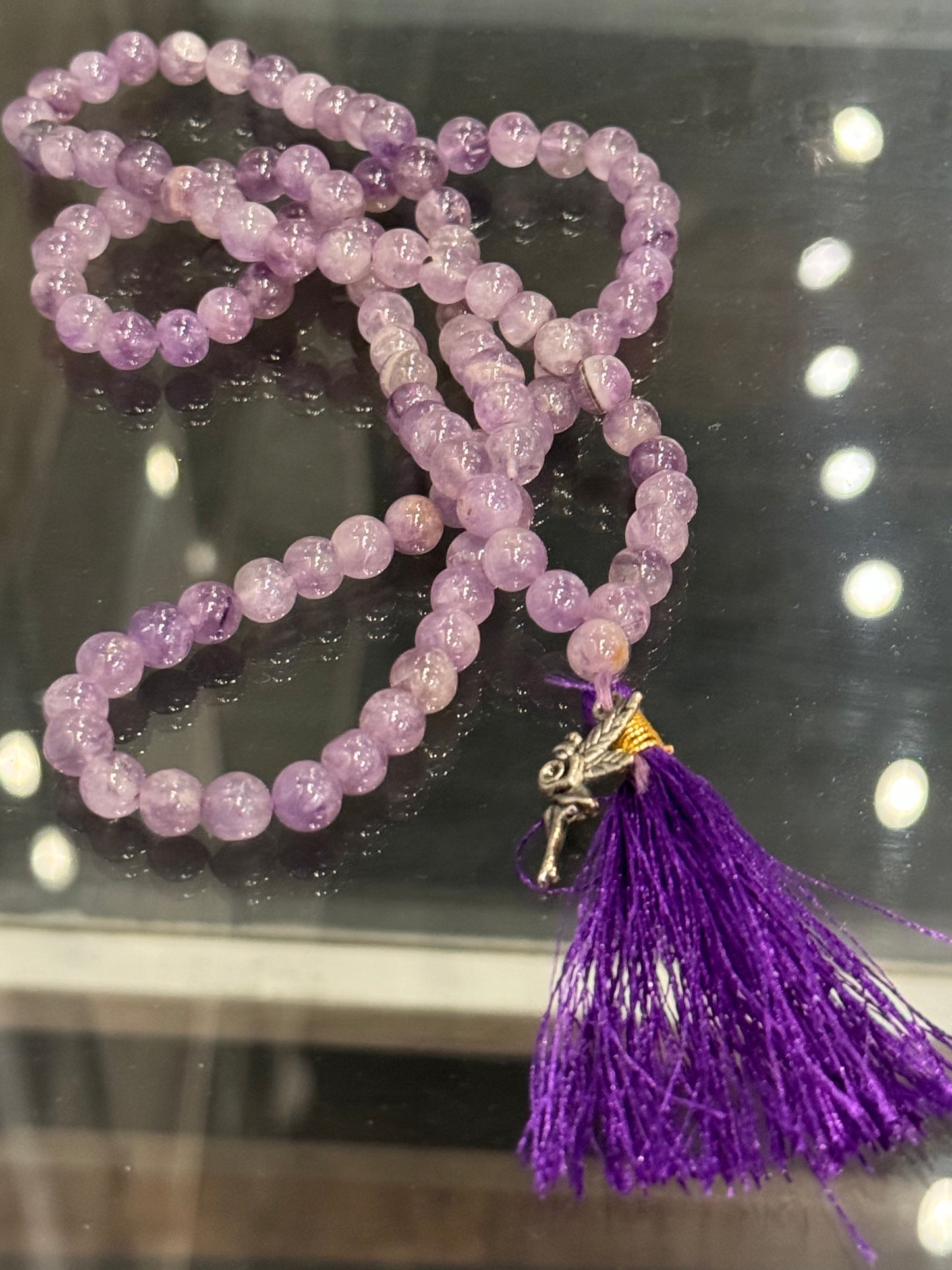 Amethyst Prayer Mala Necklace With Fairy Charm And Purple Tassle