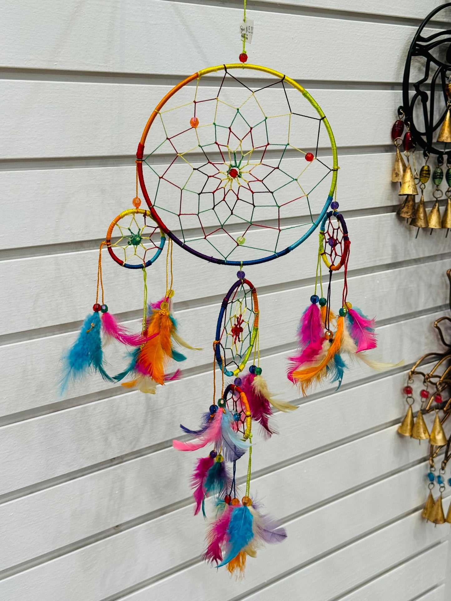 Chakra Leather Dreamcatcher Faceted Beaded Rainbow and Colorful Feathers