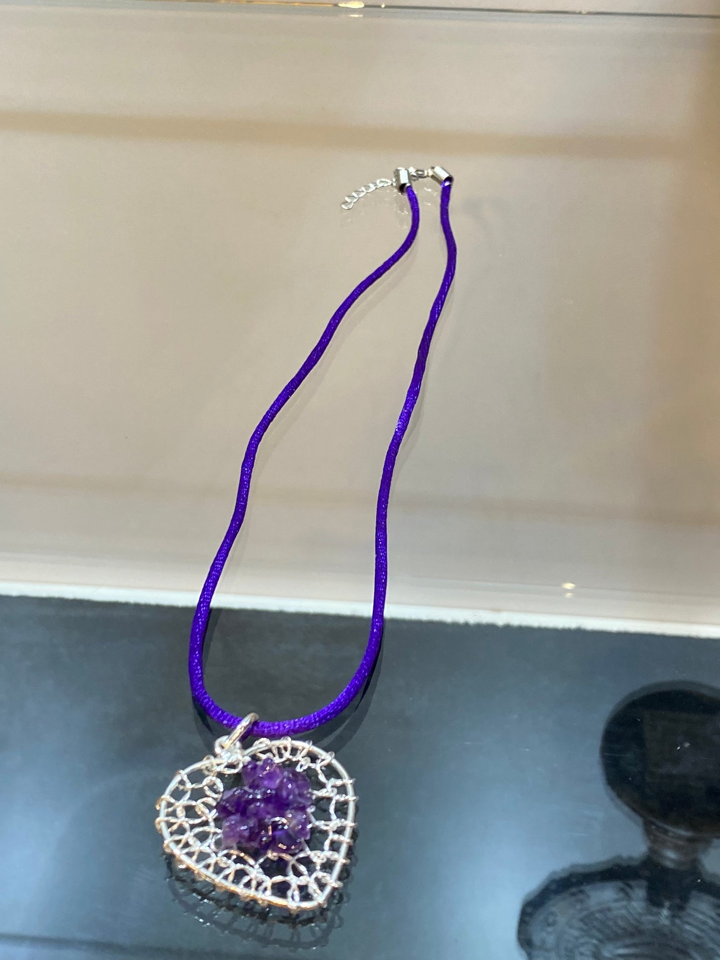 Amethyst Chip Silver Wired Heart Pendant With Purple Cord Necklace