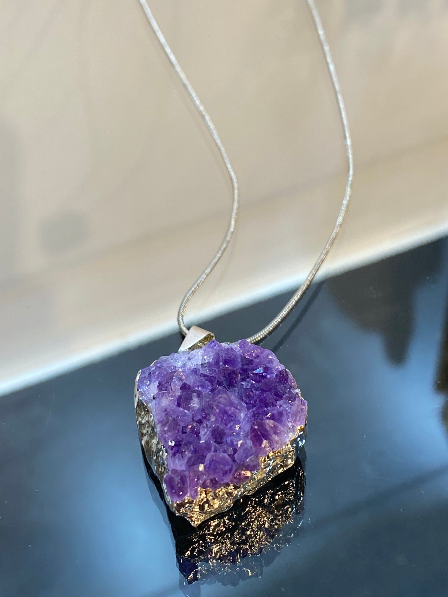 Amethyst Druzy Cluster Pendant With Silver Necklace