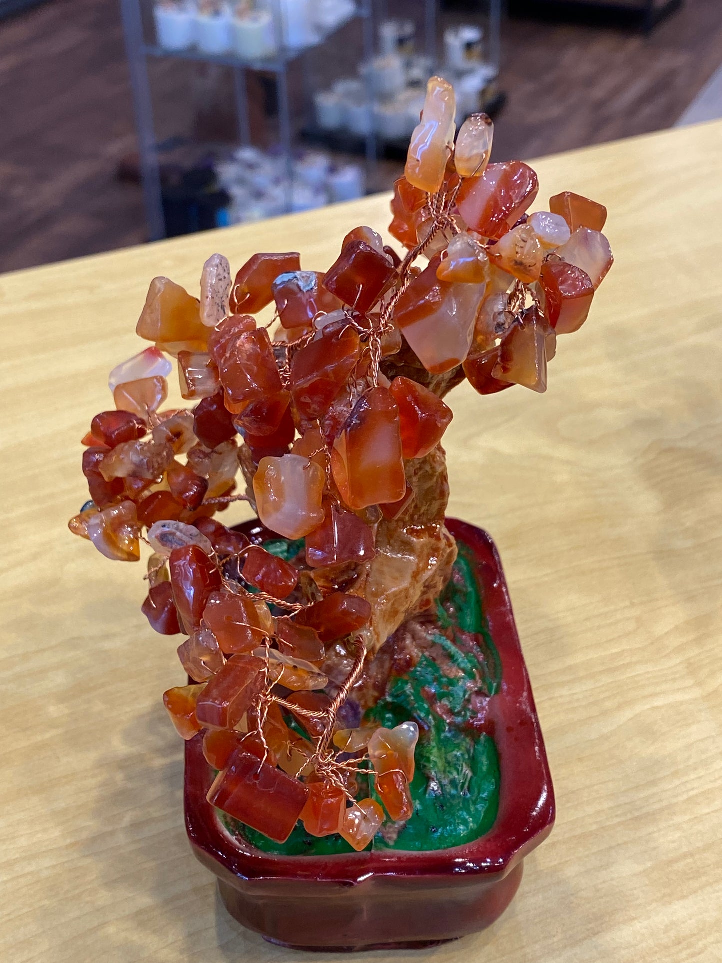 Feng Shui Bonsai Tree Desktop  Tumbled Carnelian in a Red Tub