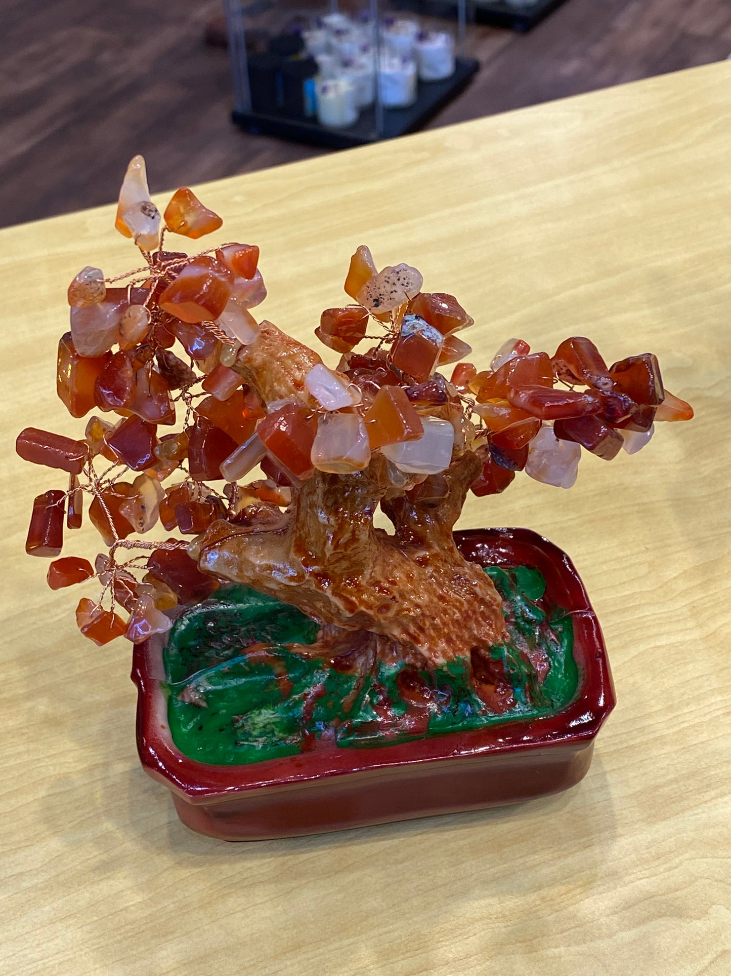 Feng Shui Bonsai Tree Desktop  Tumbled Carnelian in a Red Tub