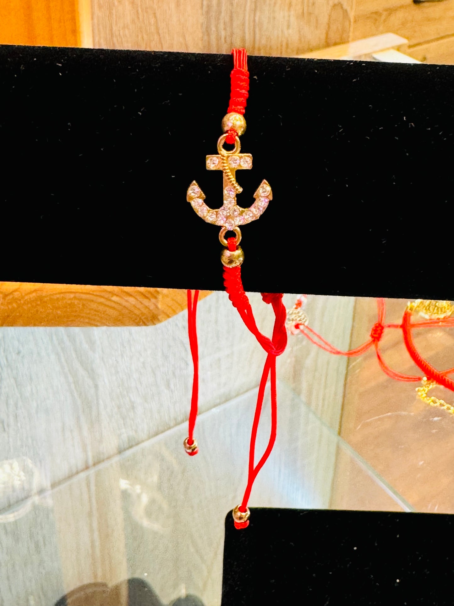 Red String Pull Tie Bracelet Rhinestone Anchor Charm and Golden Beads