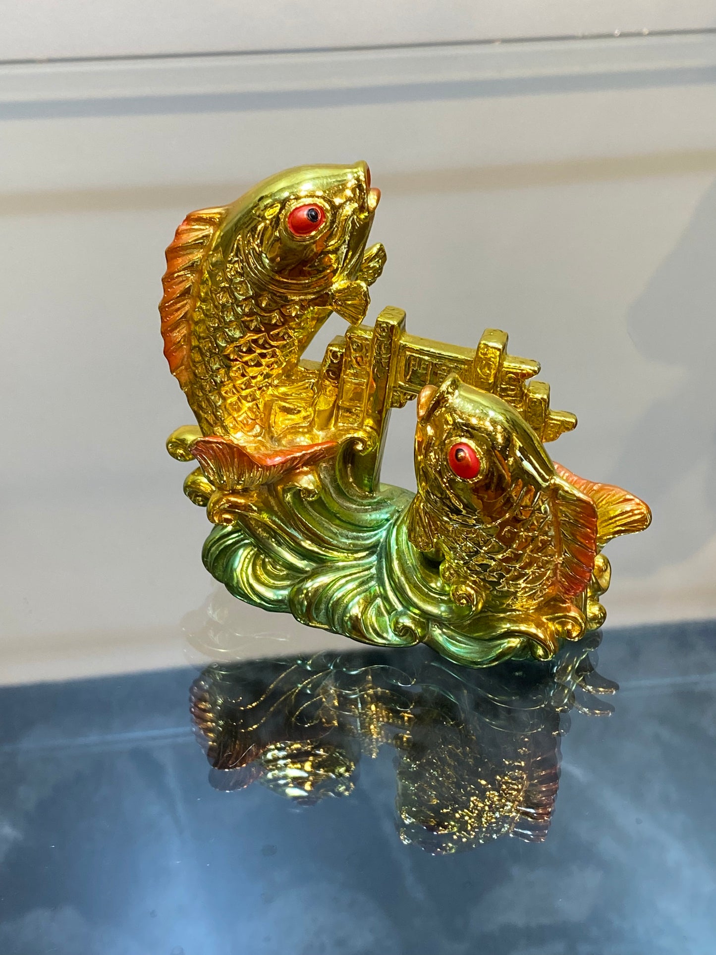 Feng Shui Golden Color Good Luck Two Fish jumping over the Water