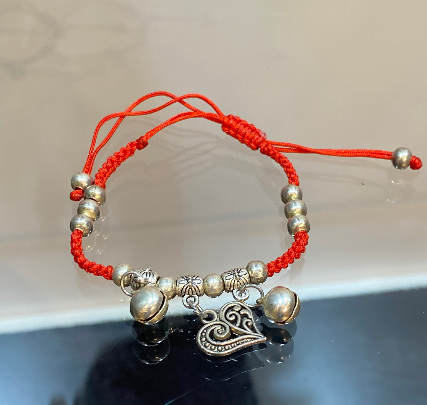 Handmade Red String Braided Pull Tie Bracelet Silver Beads With Silver Bells and Heart Charm