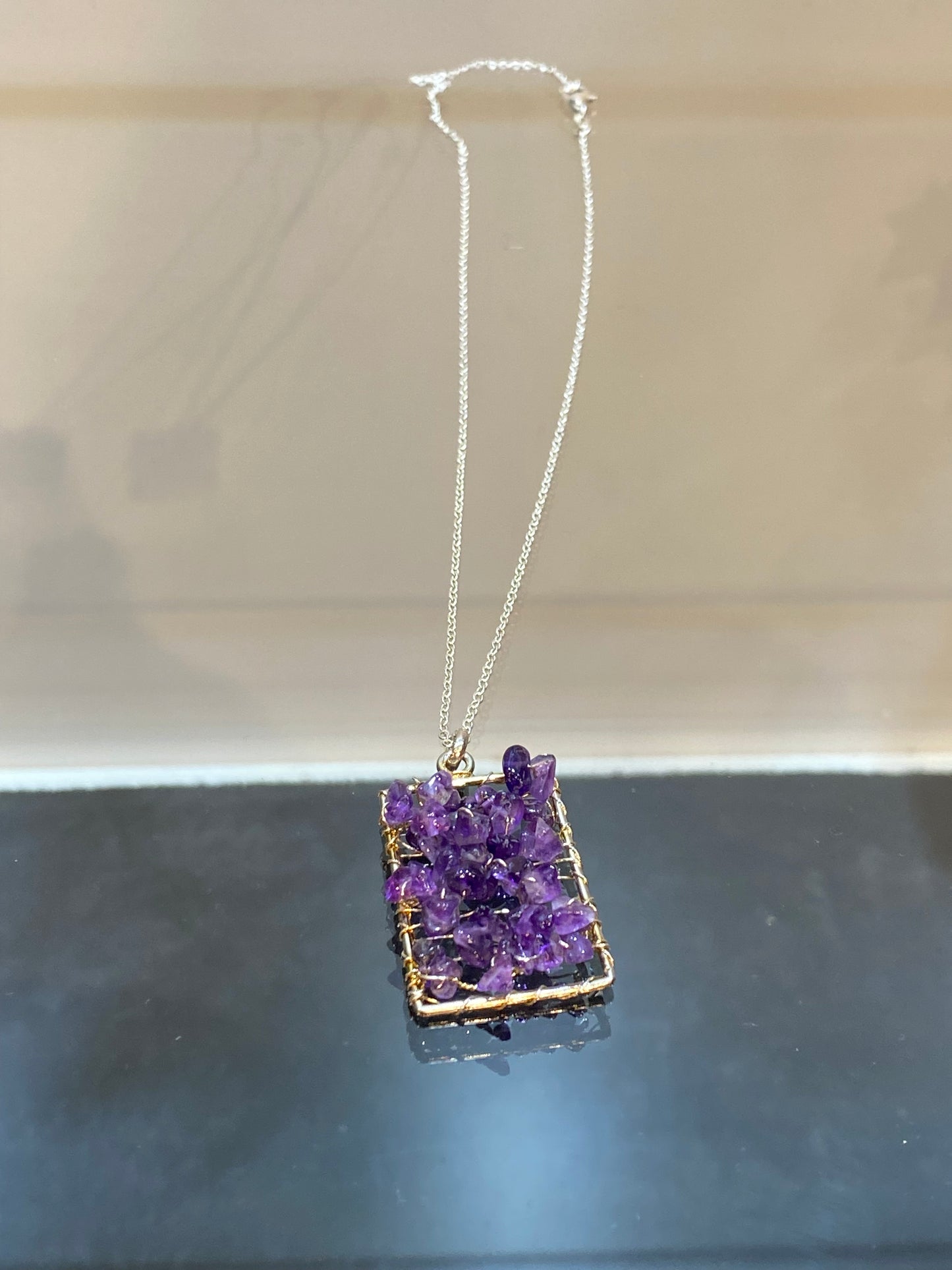 Wire Wrapped Amethyst Chips Silver Pendant with Silver Chain