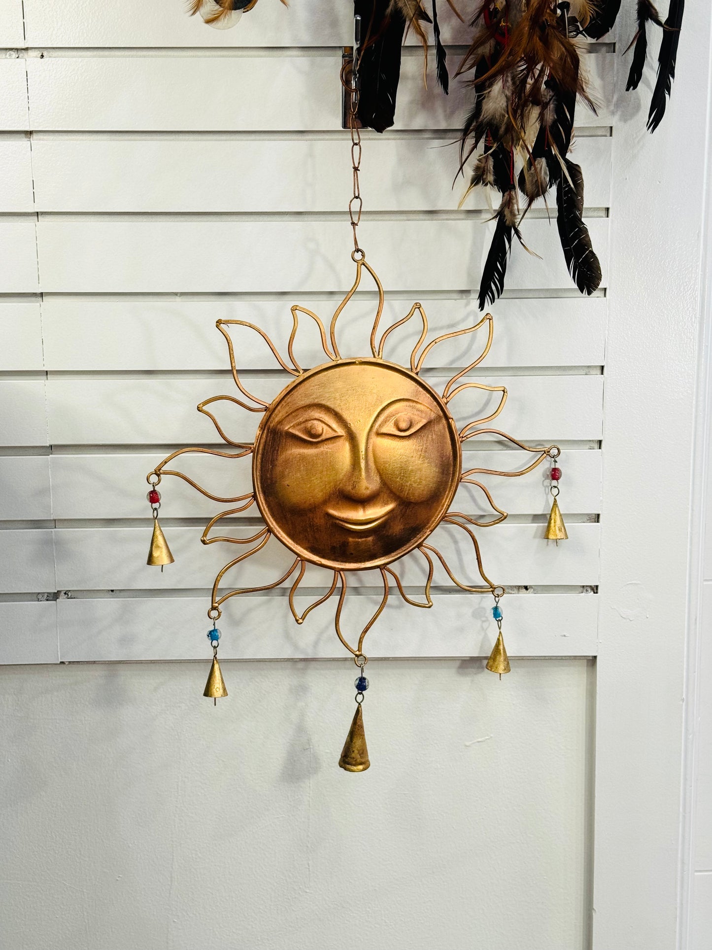 Handmade Large Metal Brass Golden Sun Smiling Face Outdoor Wind Chime with Color Bells