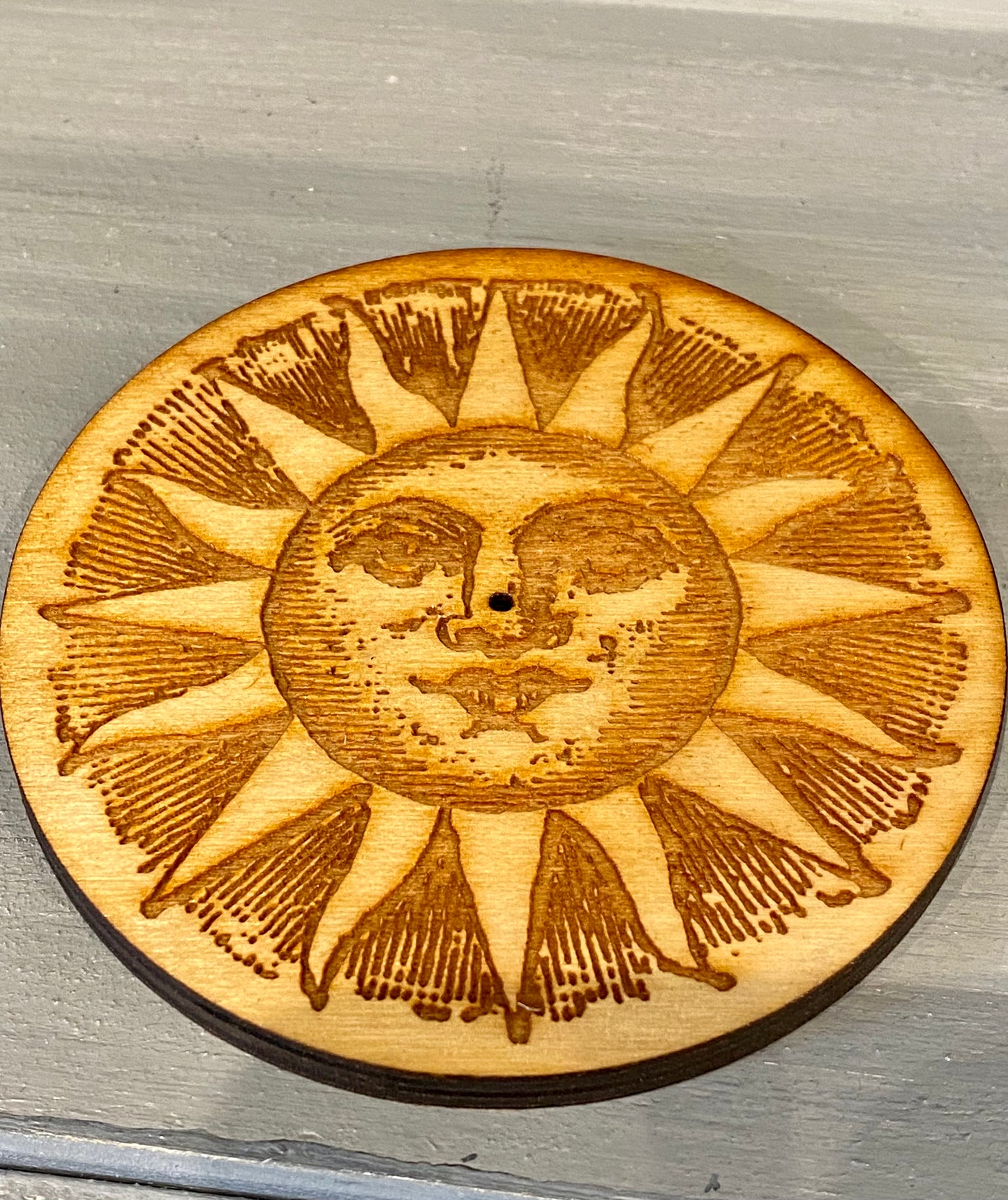 Woodcut Round Incense Stick Holder Celestial Sun