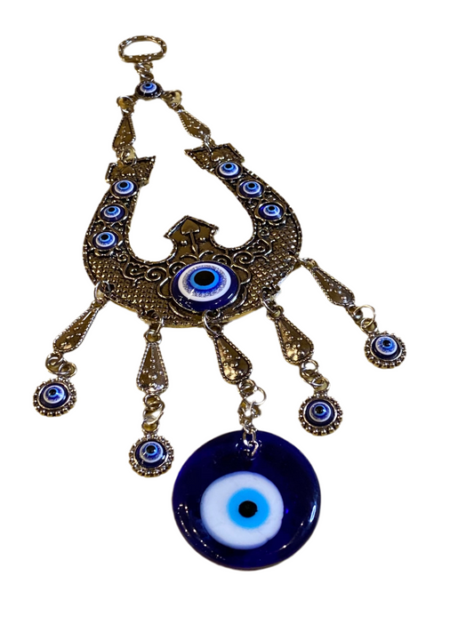 Metal Horseshoe Evil Eye with Large Evil Eye Amulet Hanging Wall Ornament