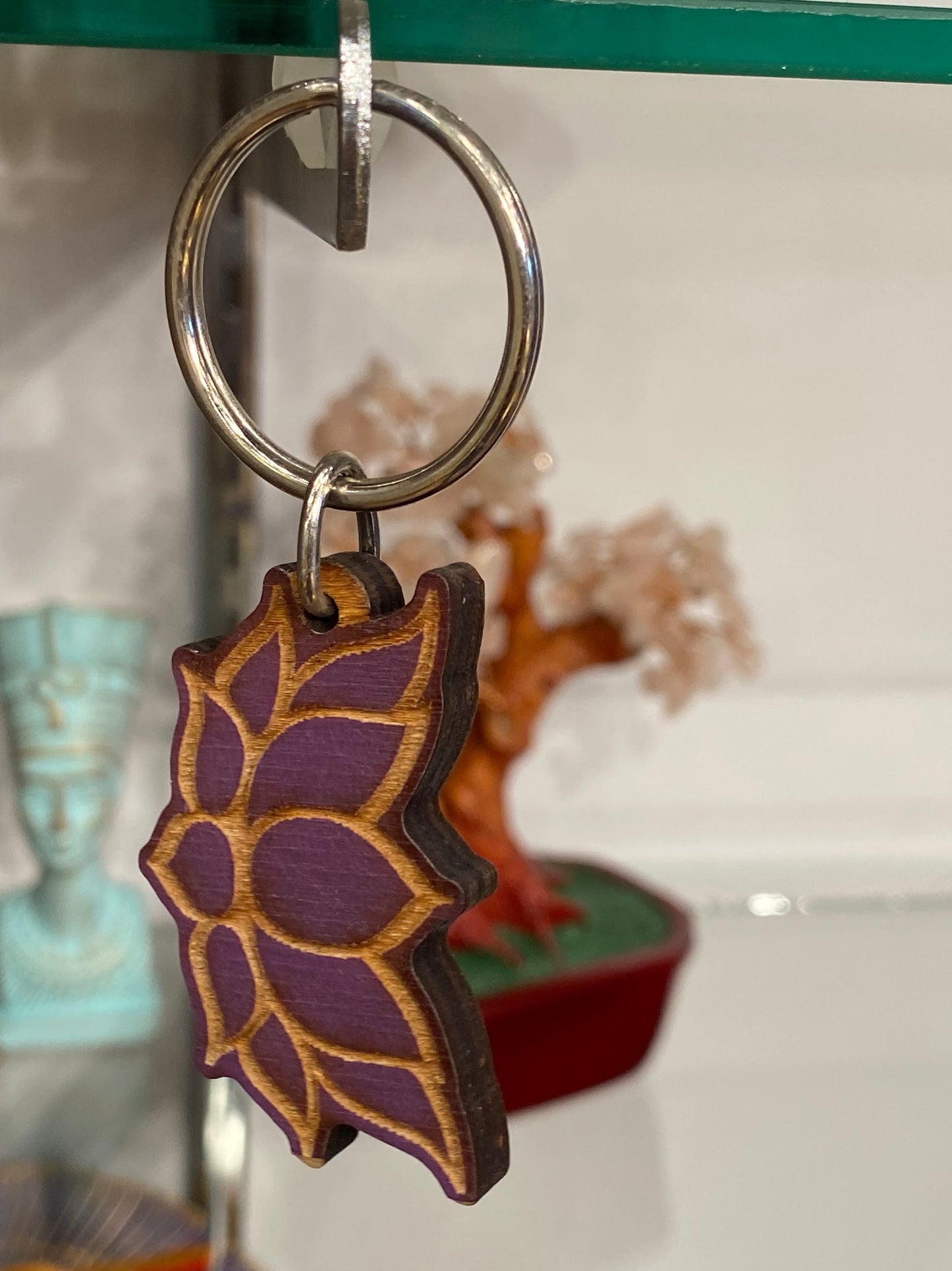 Purple Lotus Flower Wooden Key Chain