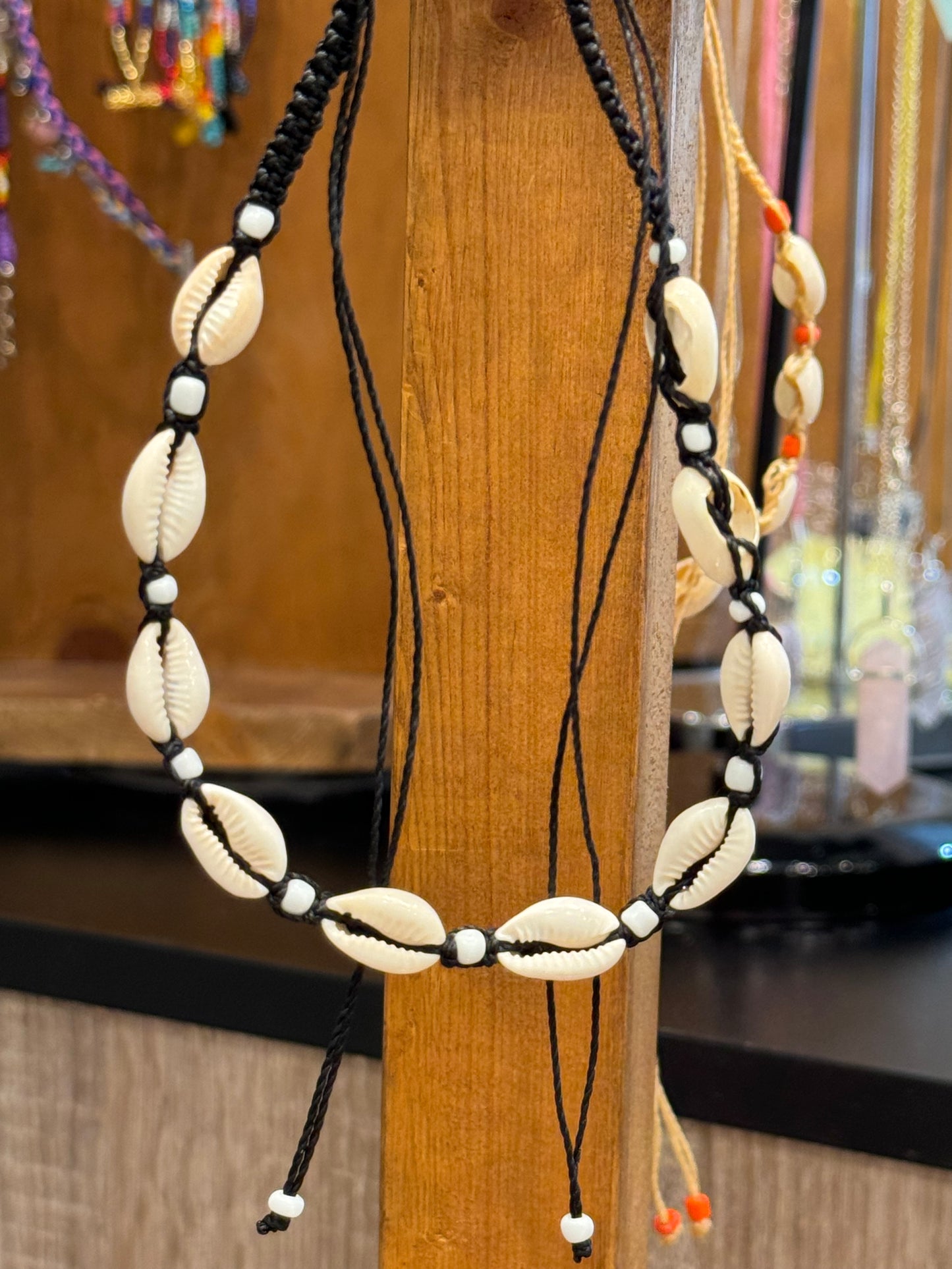 Handmade Cowrie Natural Shell String Pull Tie Choker Necklace White Beads On A Black Necklace