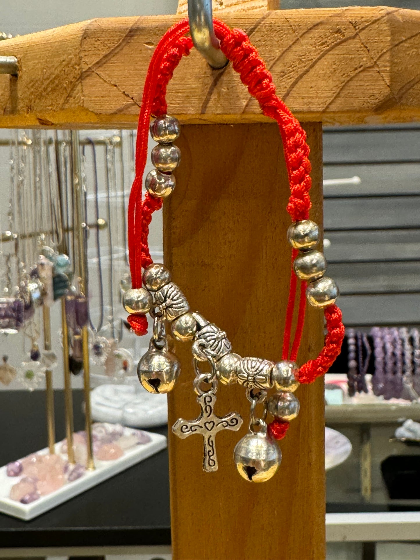 Red String Braided Pull Tie Bracelet Silver Beads, Bells and Etched Heart Cross Charm