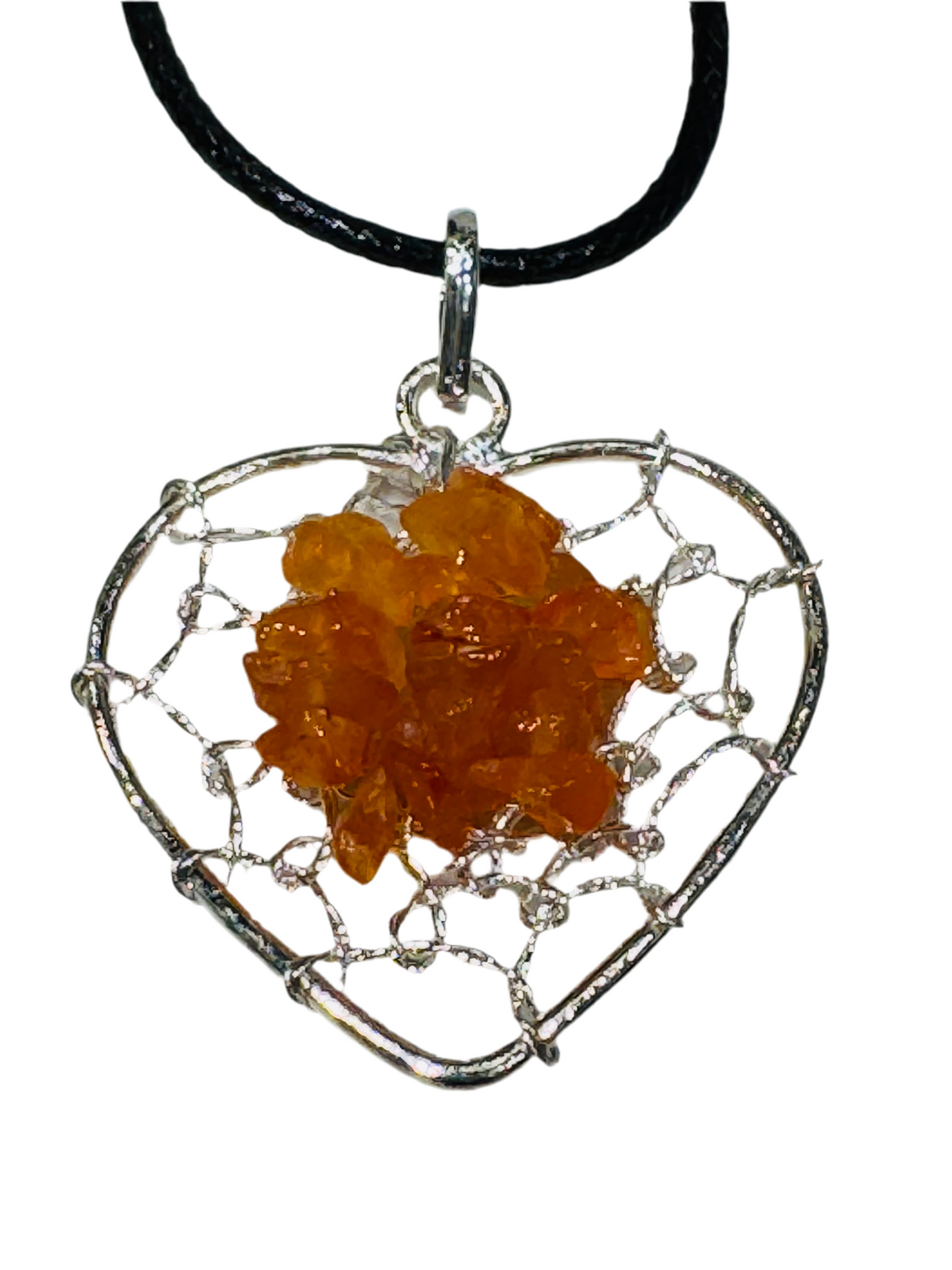 Carnelian Chips Silver Heart Pendant Wire Wrapped with Black Adjustable Cord Necklace