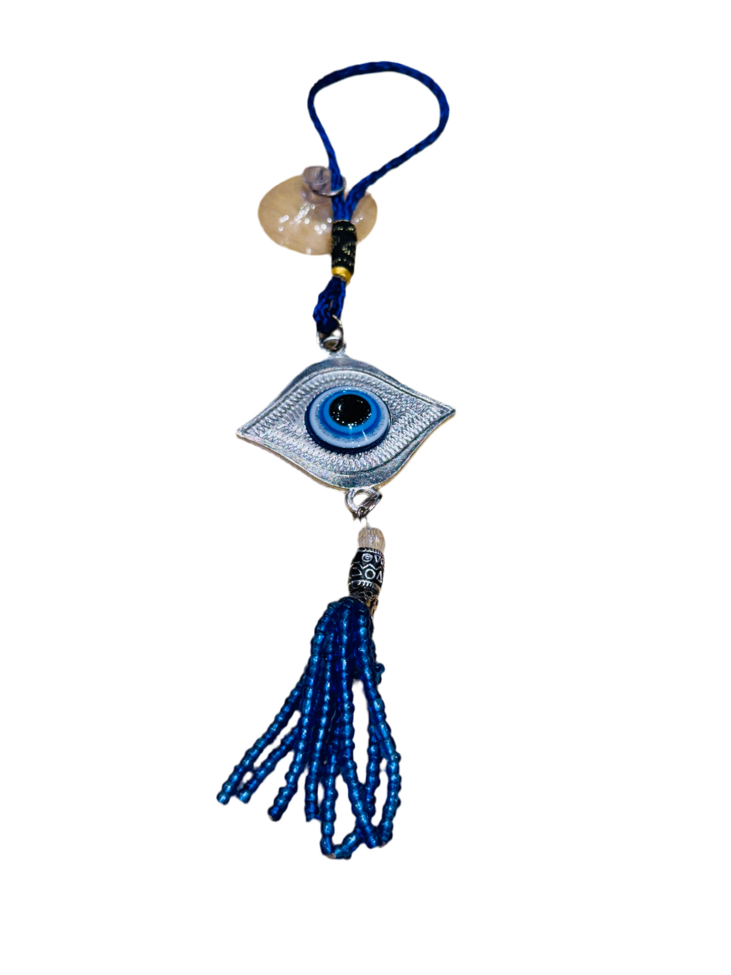 Silver Evil Eye Hanging Car Decor Ornament with Beaded Tassels