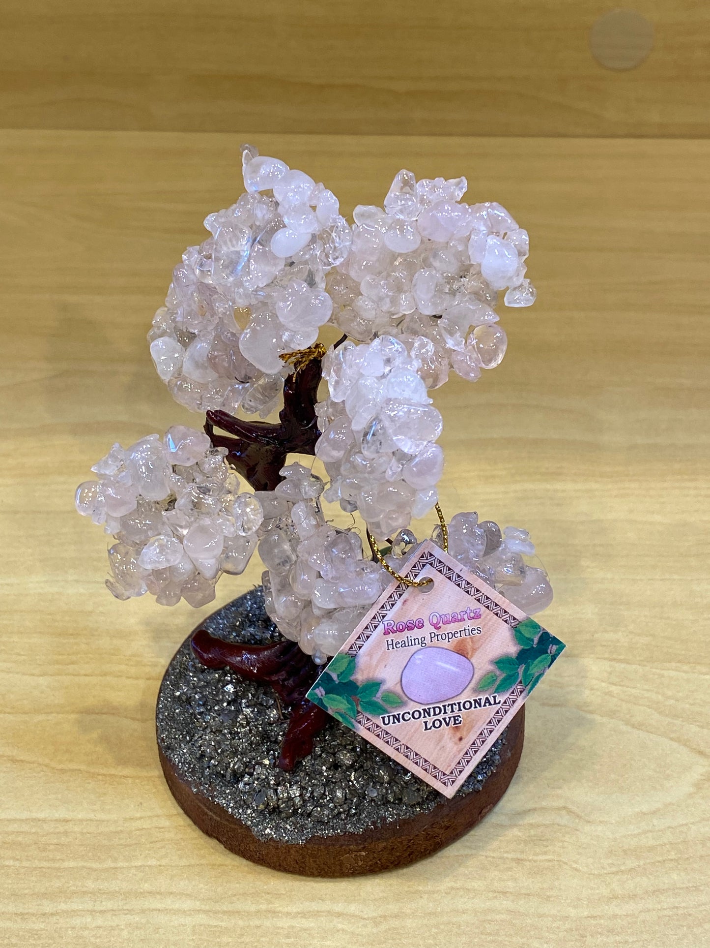 Bonsai Love and Fortune Gemstone Rose Quartz Tree on Pyrite