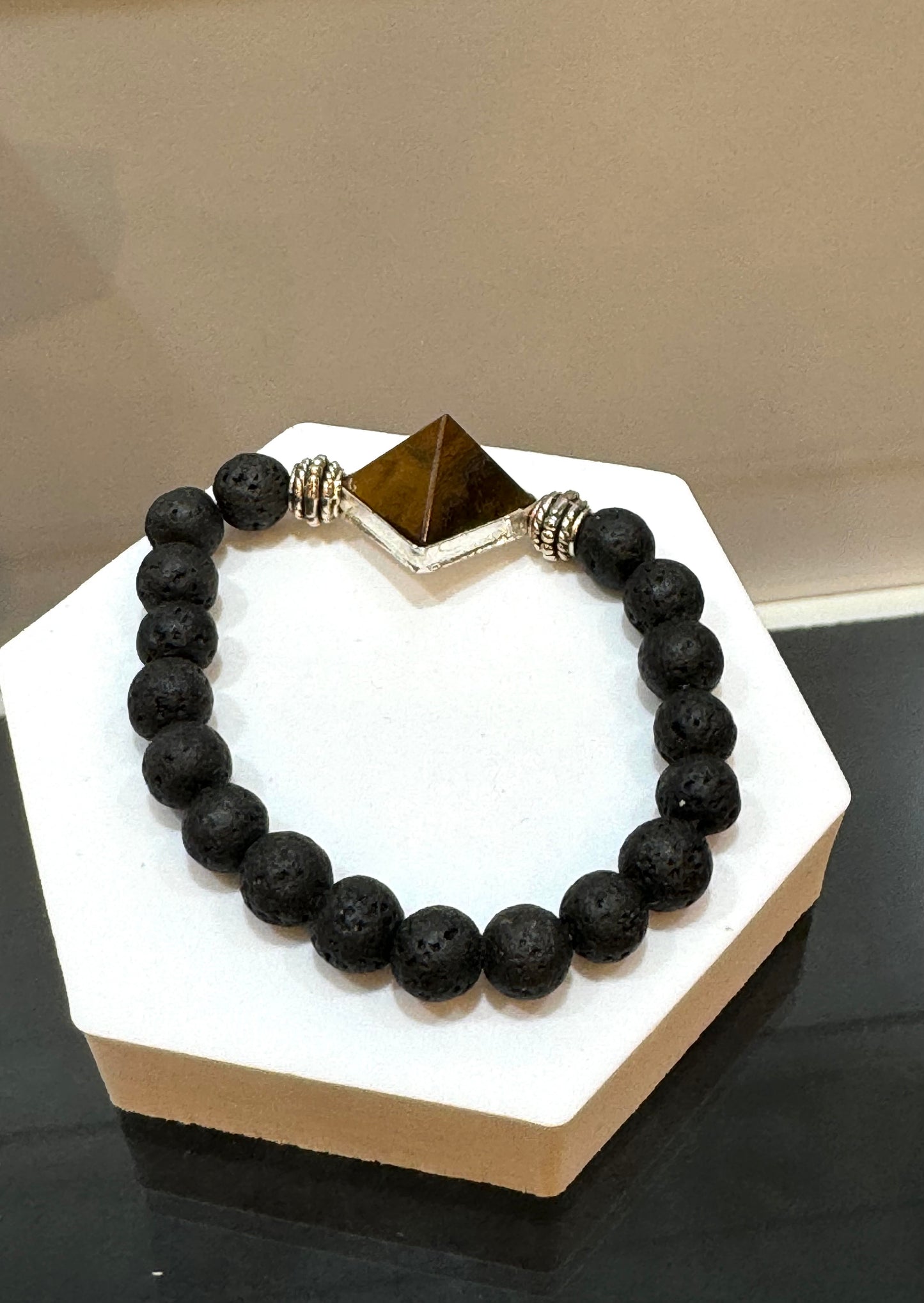 Lava Rock Gemstone Bracelet With Tiger Eye Pyramid