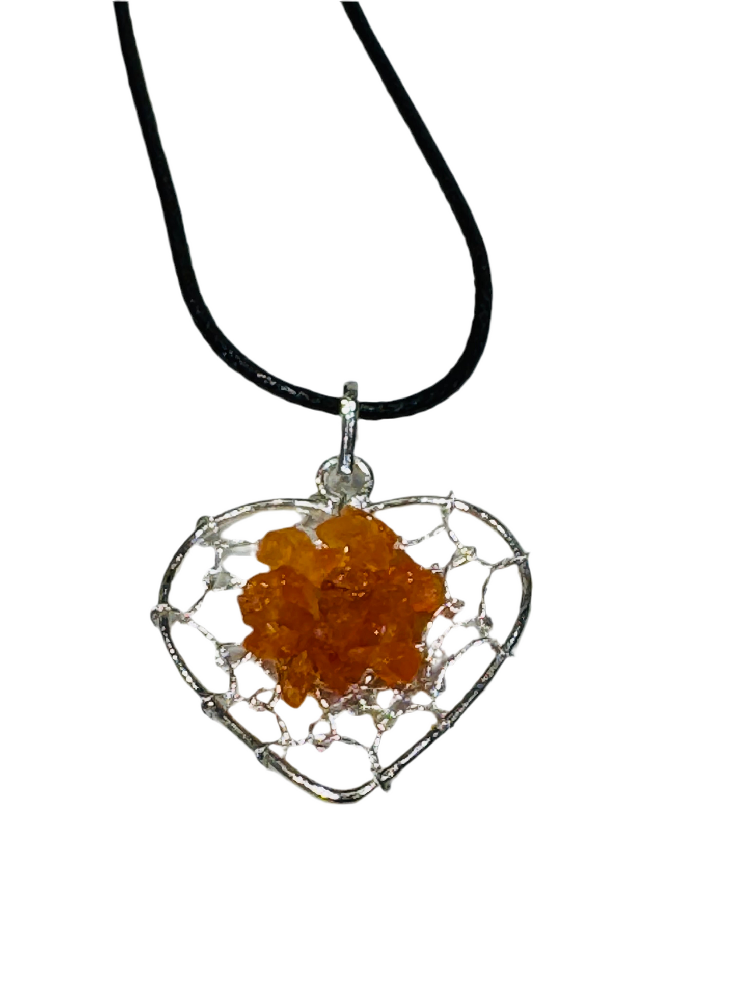 Carnelian Chips Silver Heart Pendant Wire Wrapped with Black Adjustable Cord Necklace