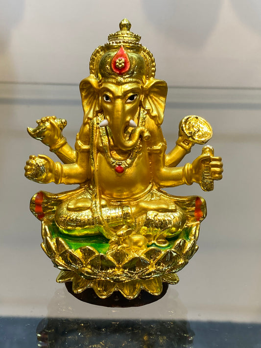 Feng Shui Polyresin Gold Colored Ganesha on Lotus