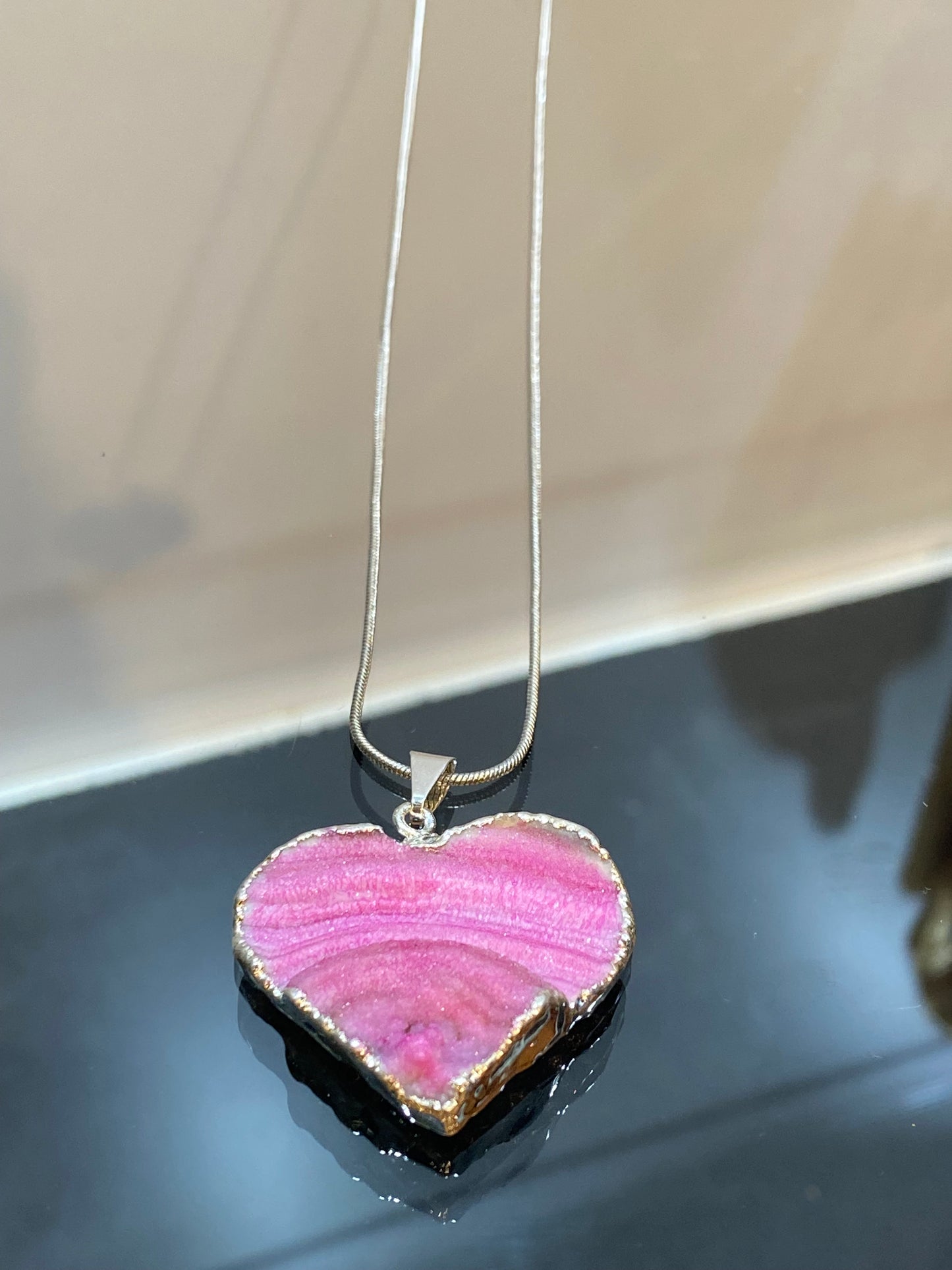 Dark Pink Banded Agate Silver Heart Pendant with Silver Plated Chain